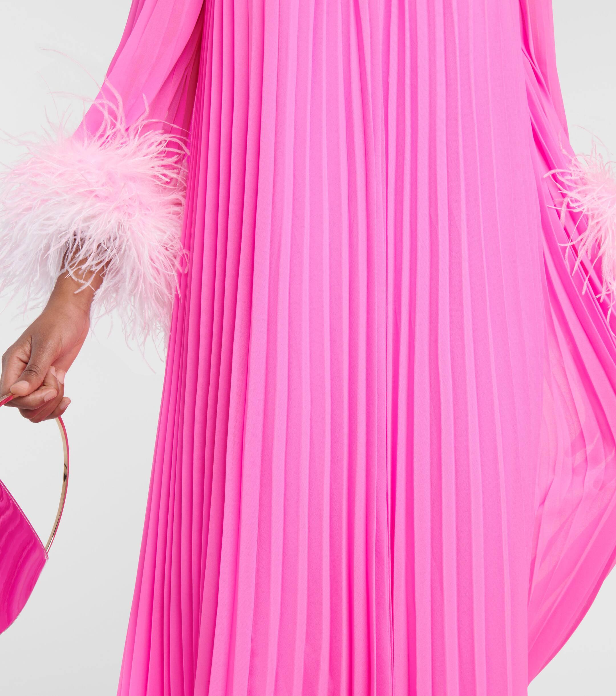 Self-Portrait Feather-Trimmed Chiffon Midi Dress in Pink | Lyst UK