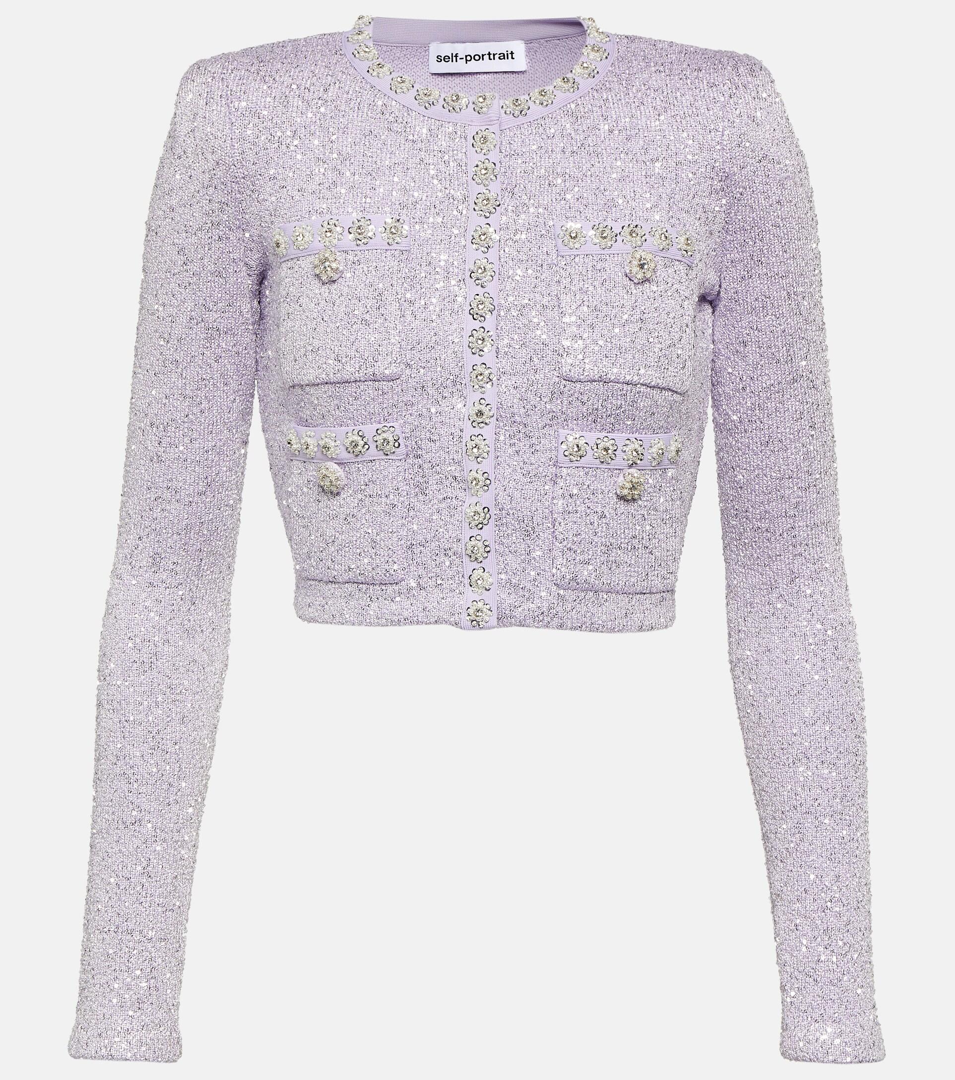 SelfPortrait Embellished Cropped Knit Cardigan in Purple Lyst