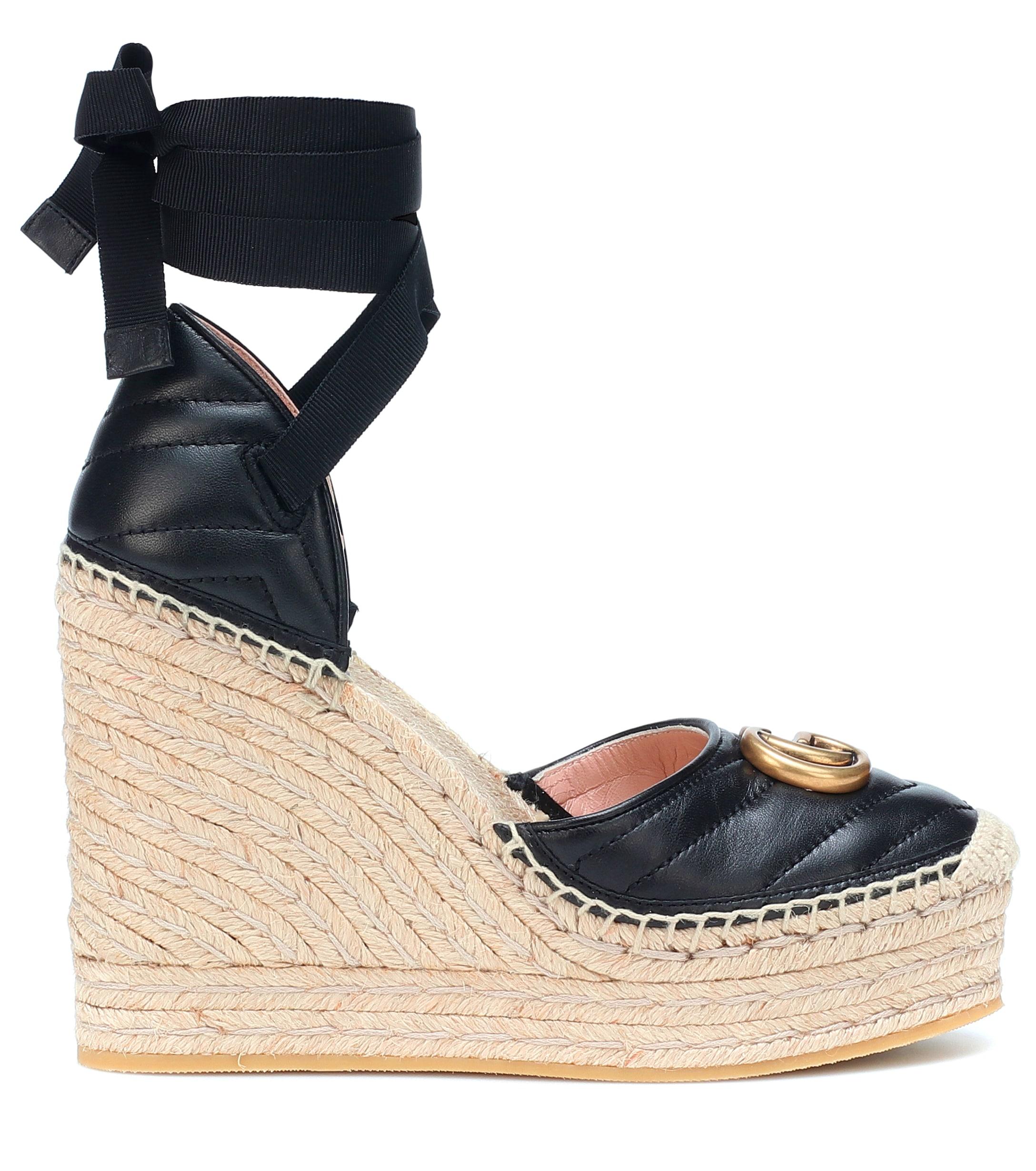 Leather Espadrille Wedge Sandals in Black - Gucci