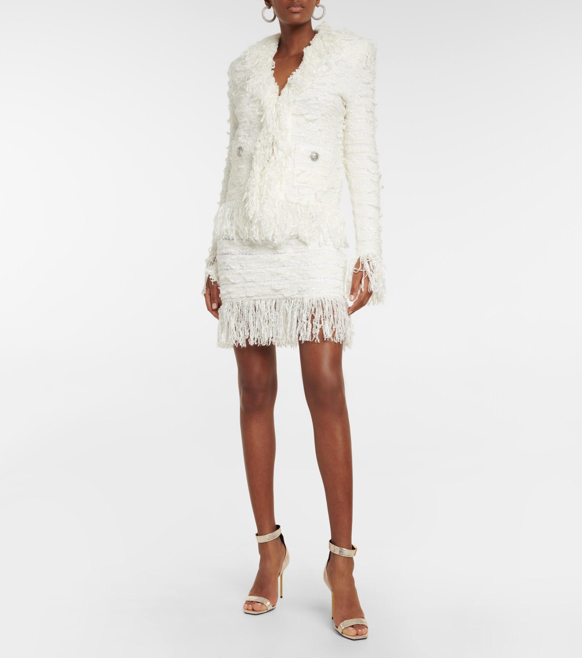 Balmain Fringed Tweed Jacket in White | Lyst