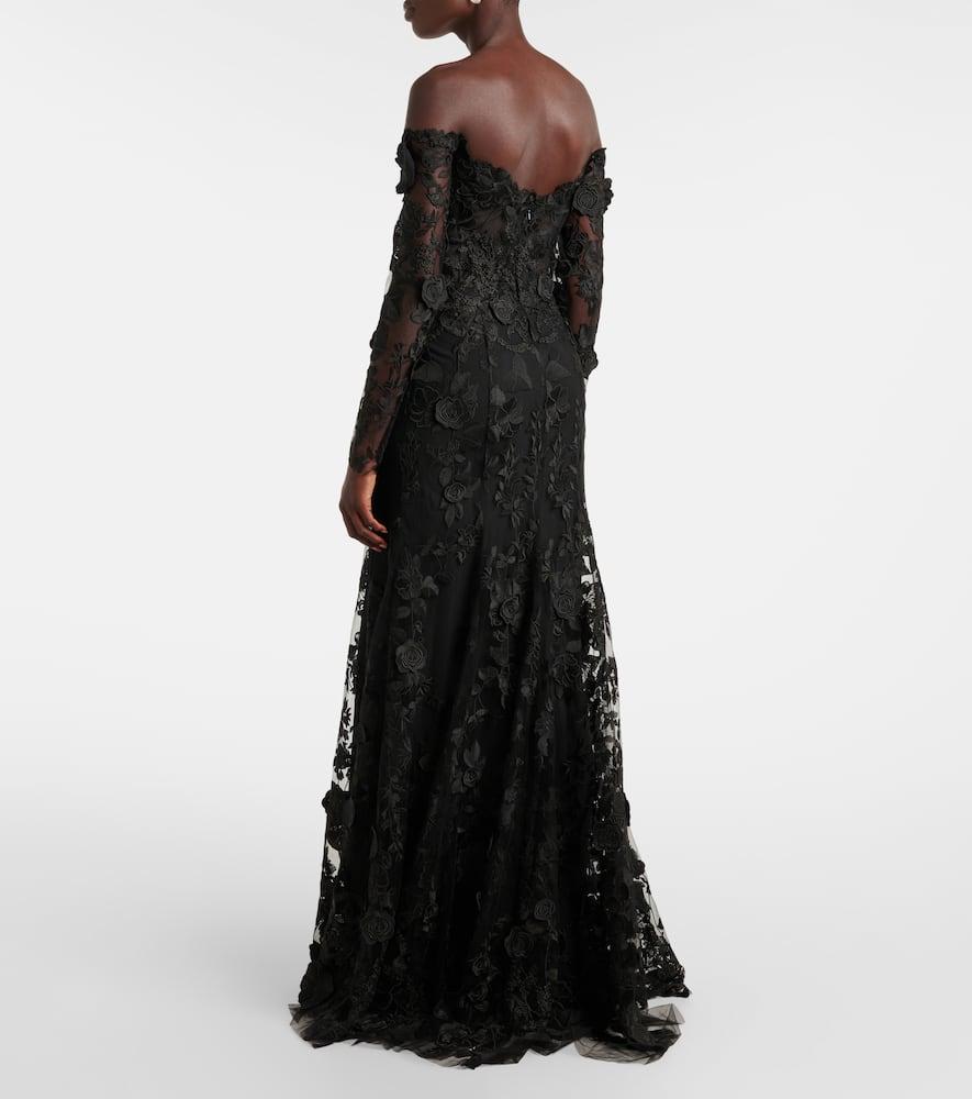 Monique Lhuillier Floral Lace Gown in Black | Lyst