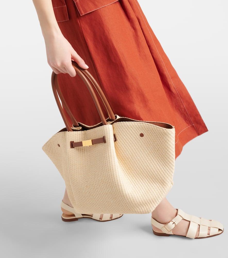 【DEMELLIER】New York leather-trimmed raffia tote bag DEMELLIER New York Midi leather-trimmed raffia tote | NET-A