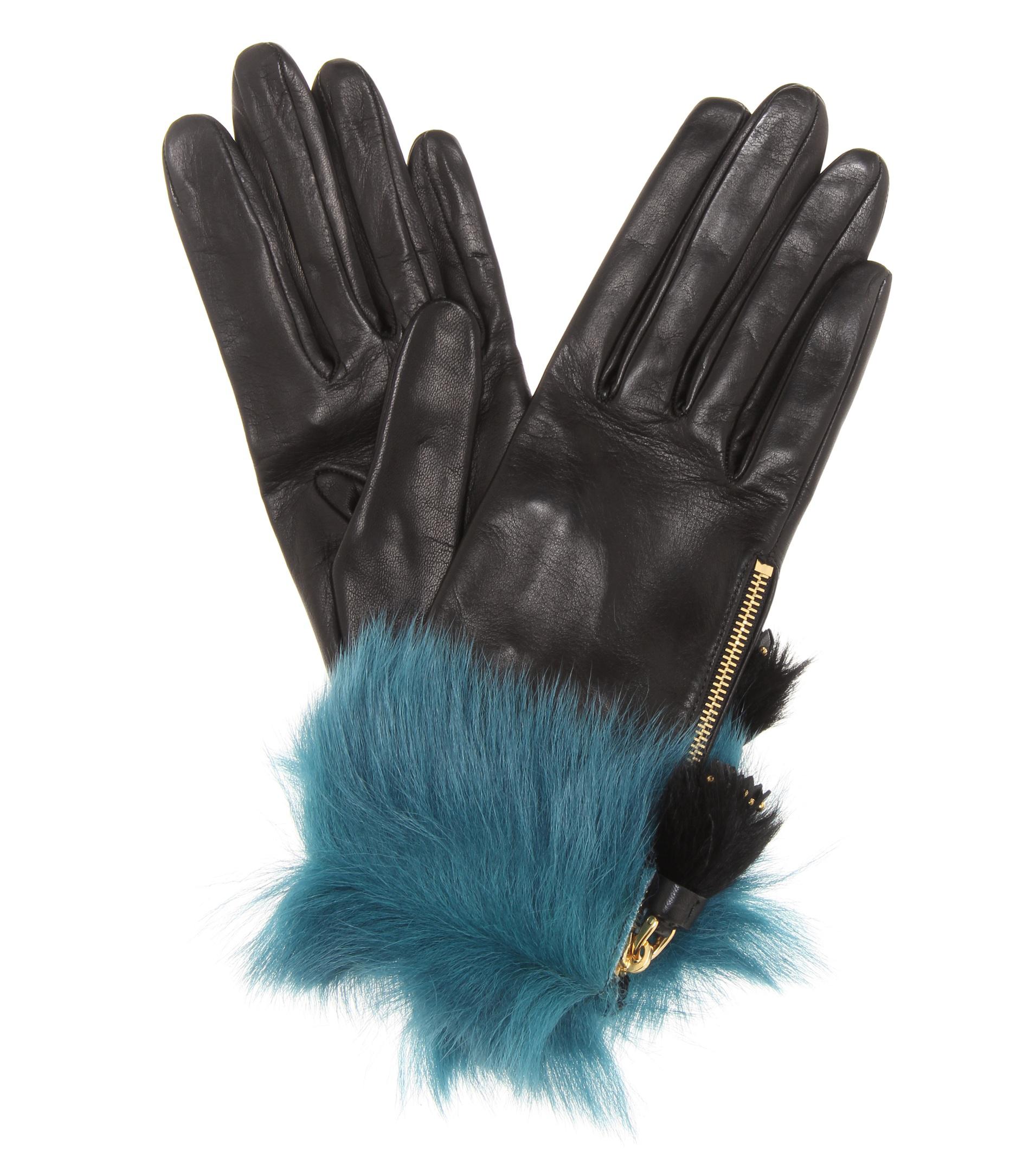 Lyst - Prada Fur-trimmed Leather Gloves in Black