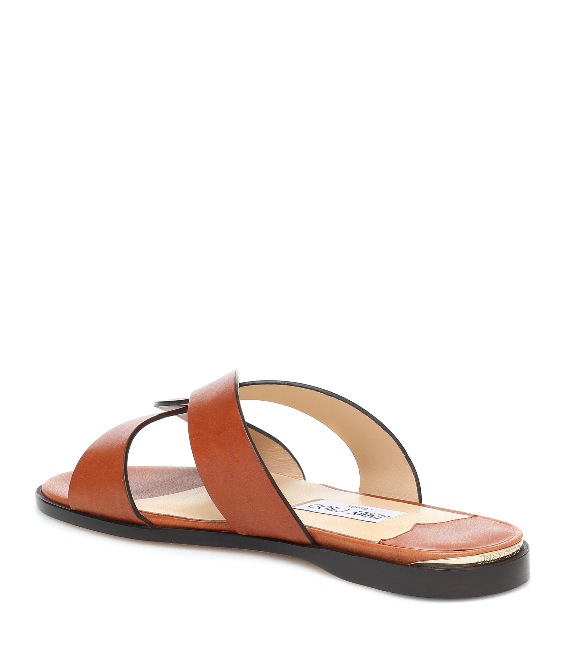 Jimmy Choo Atia Flat Leather Sandals in Brown - Lyst