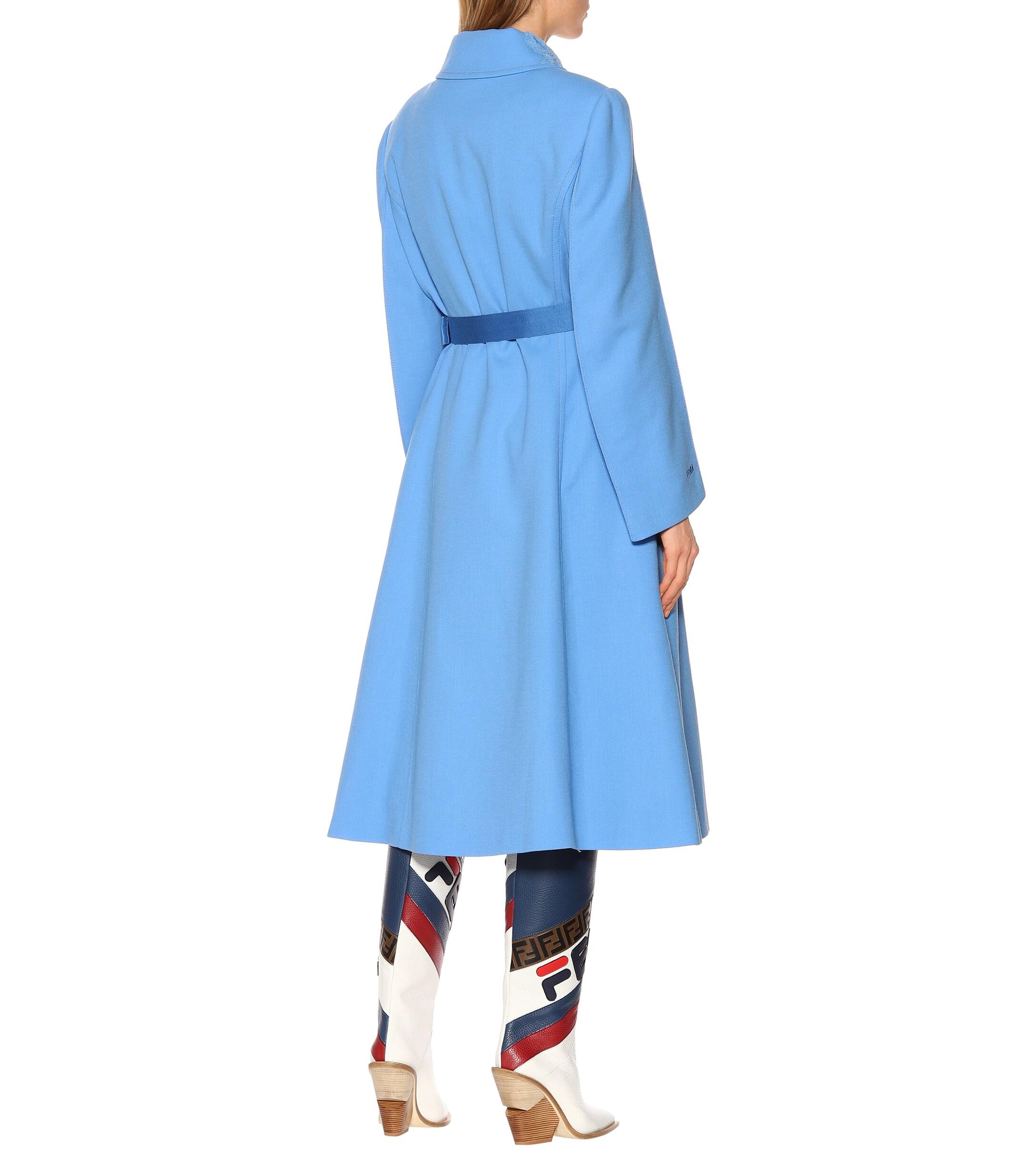 Fendi Wool And Fur Trench Coat in Blue - Lyst