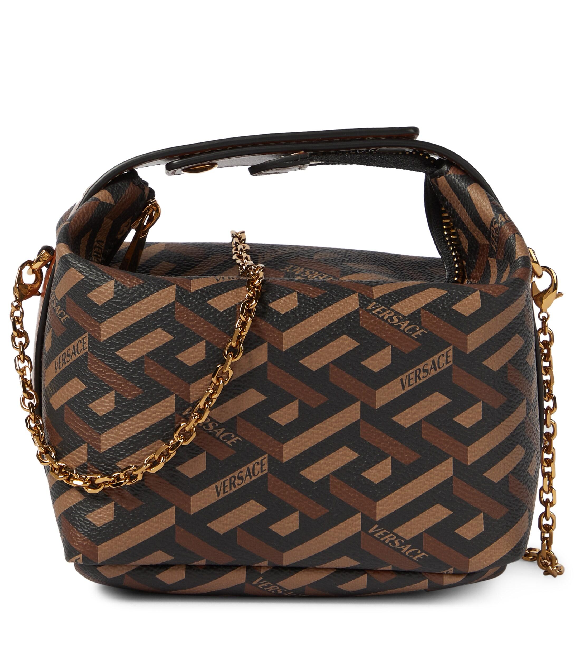 Versace Coated Canvas La Greca Signature Print Virtus V Mini Chain Bag Black Caramel