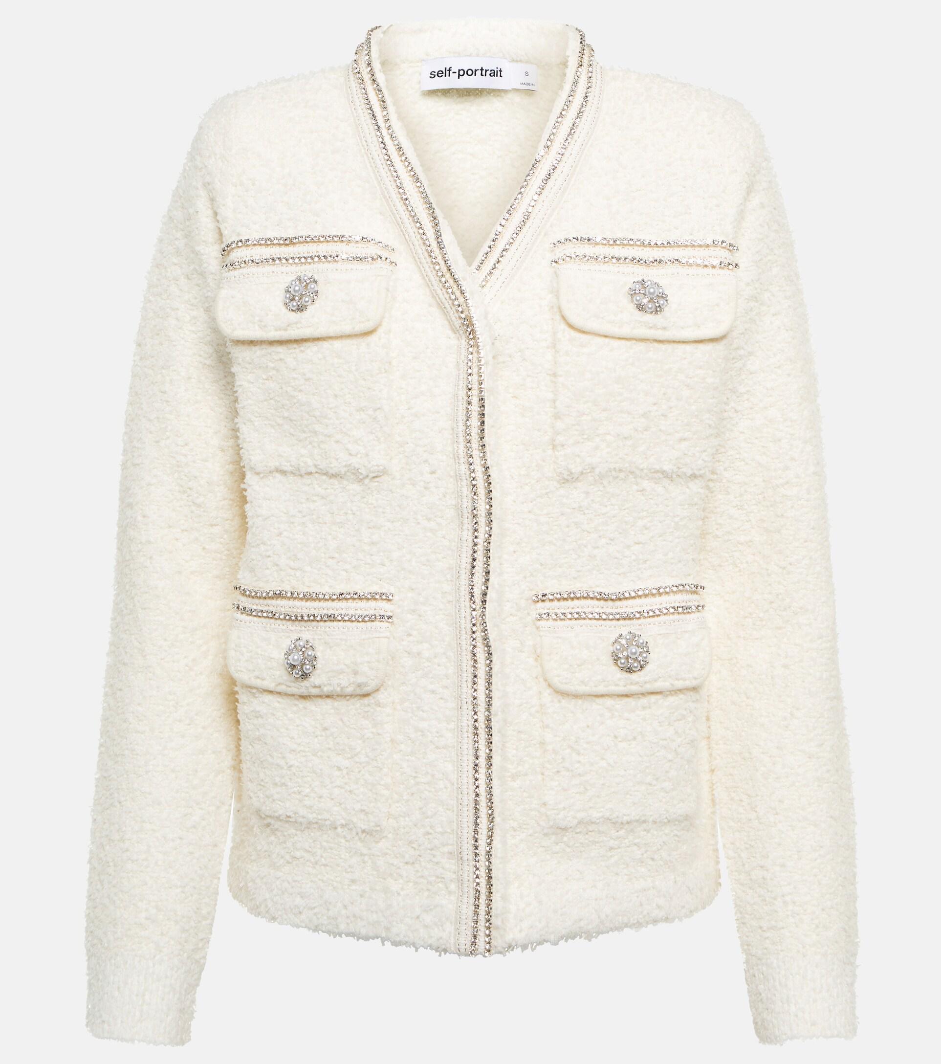 Self-Portrait Embellished Boucle Cardigan in White | Lyst