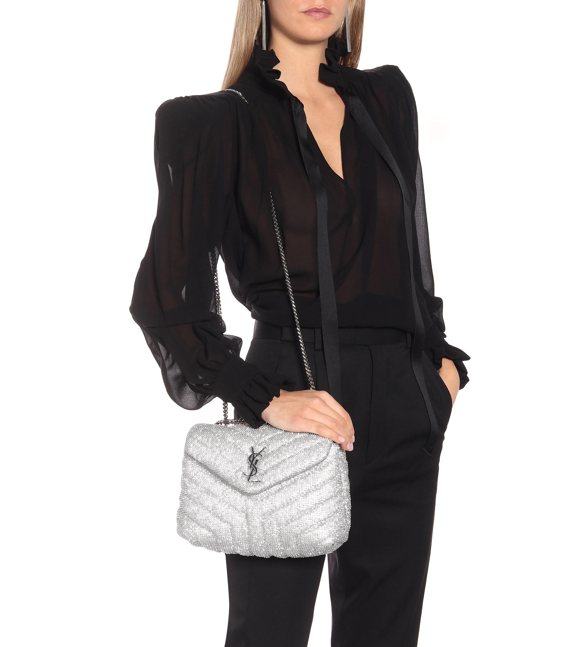 Saint Laurent Loulou Small Crystal Shoulder Bag in White