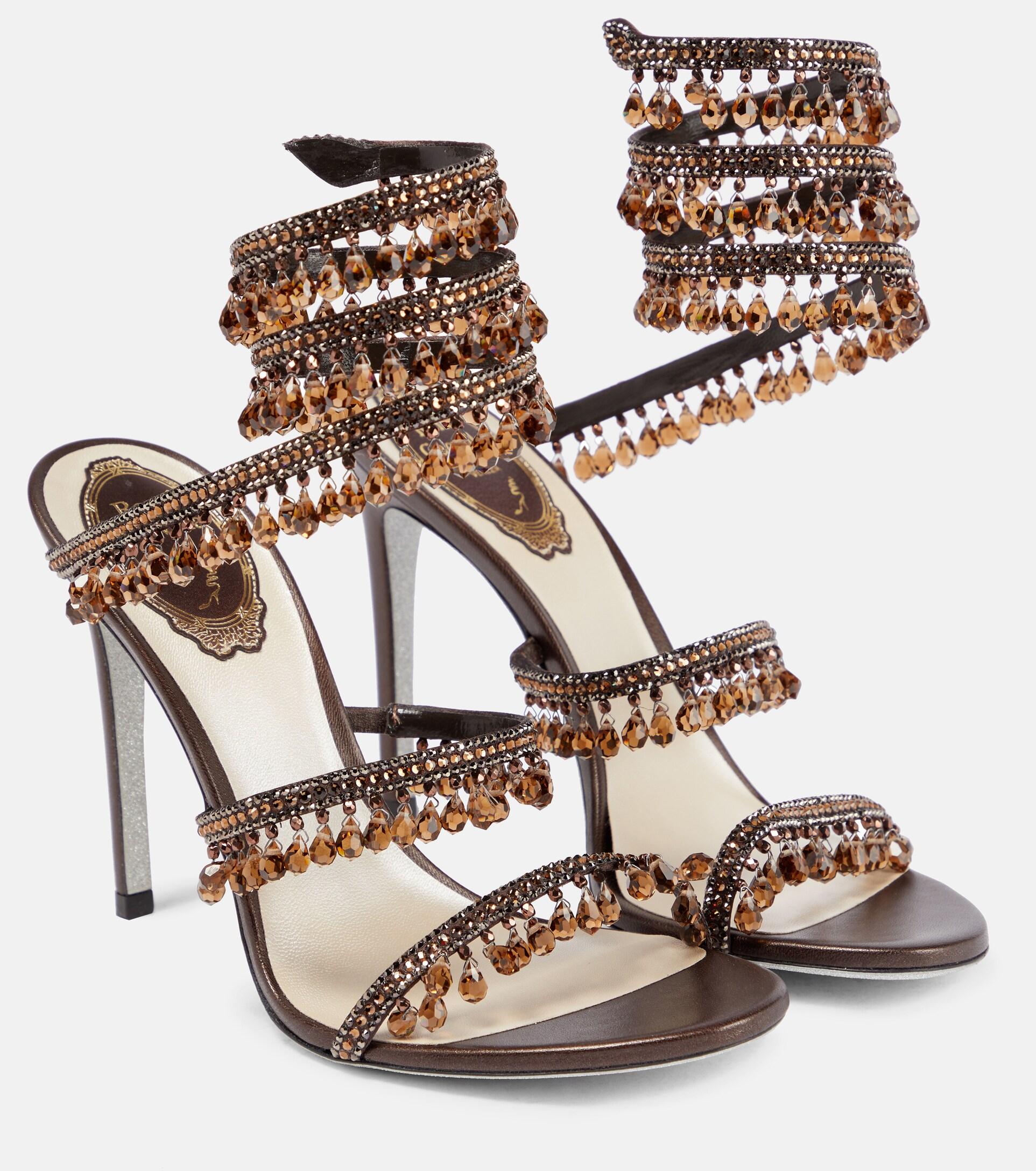 Rene Caovilla Chandelier Embellished Leather Sandals in Brown | Lyst