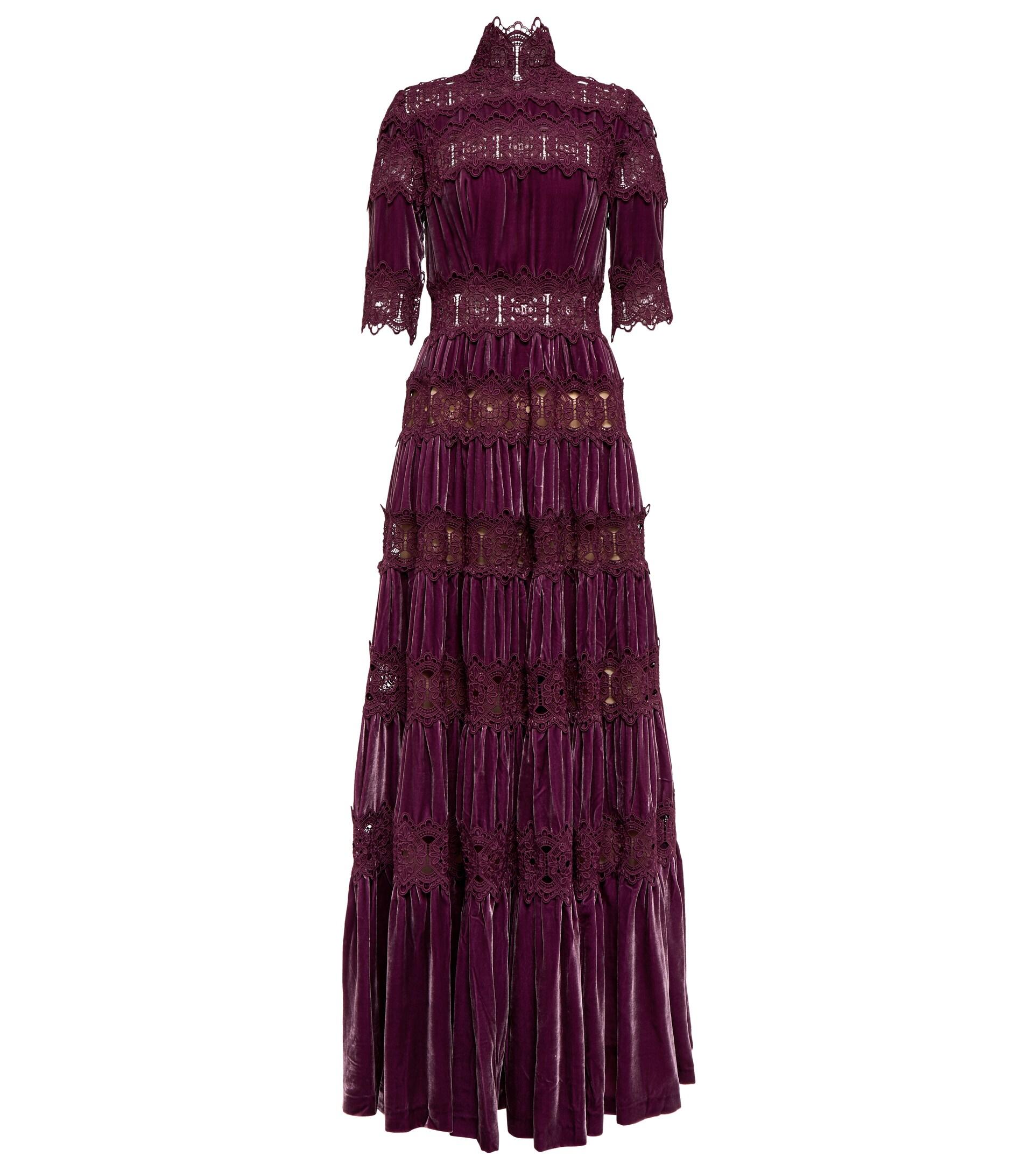 Costarellos Lissie Lace-trimmed Velvet Gown in Purple | Lyst