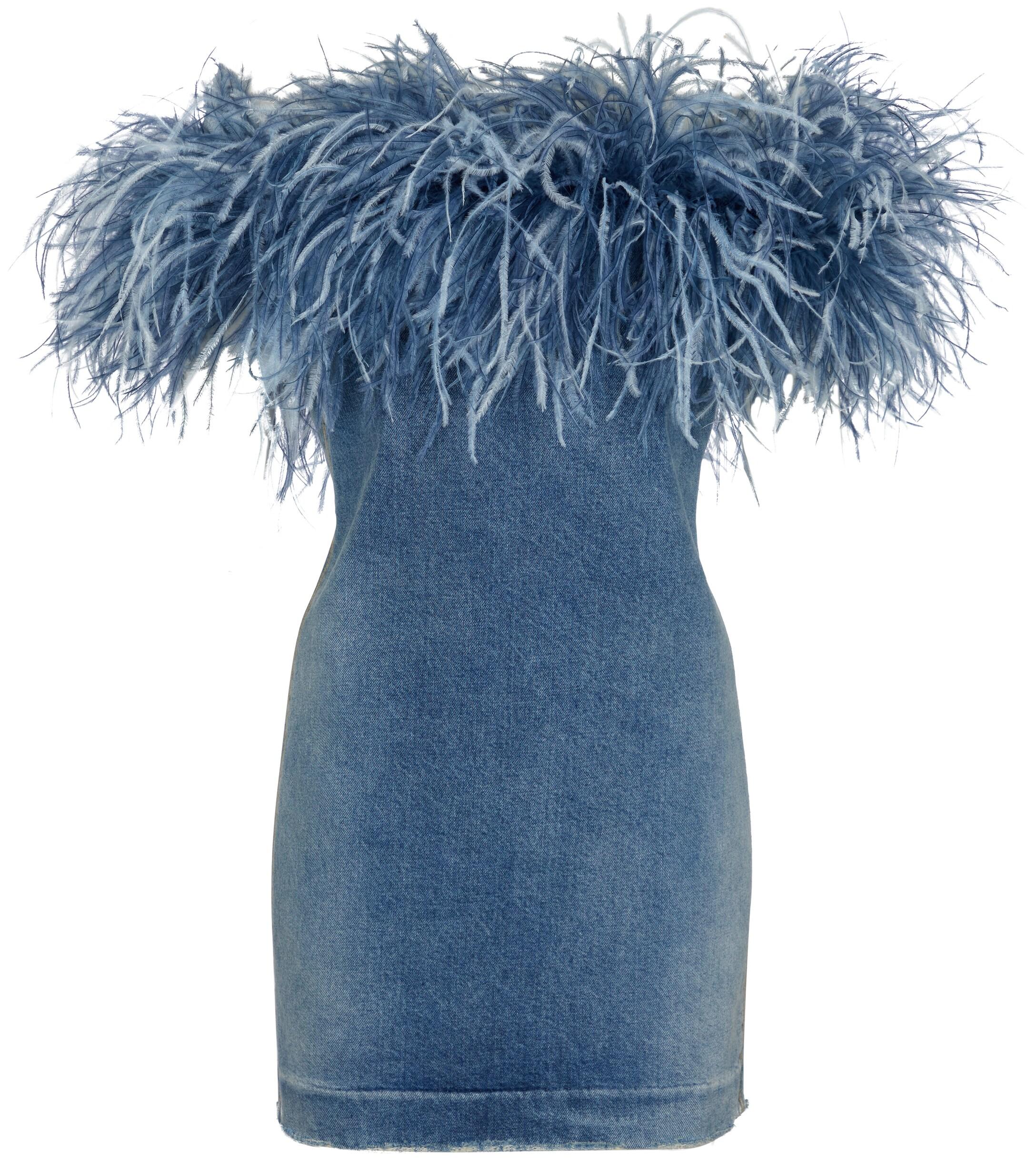 Saint Laurent Feather-trimmed Denim Minidress in Blue | Lyst