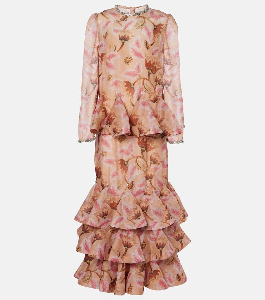 【Zimmermann】Tiered linen and silk maxi dress Zimmermann Tiered Linen And Silk Maxi Dress in Pink | Lyst