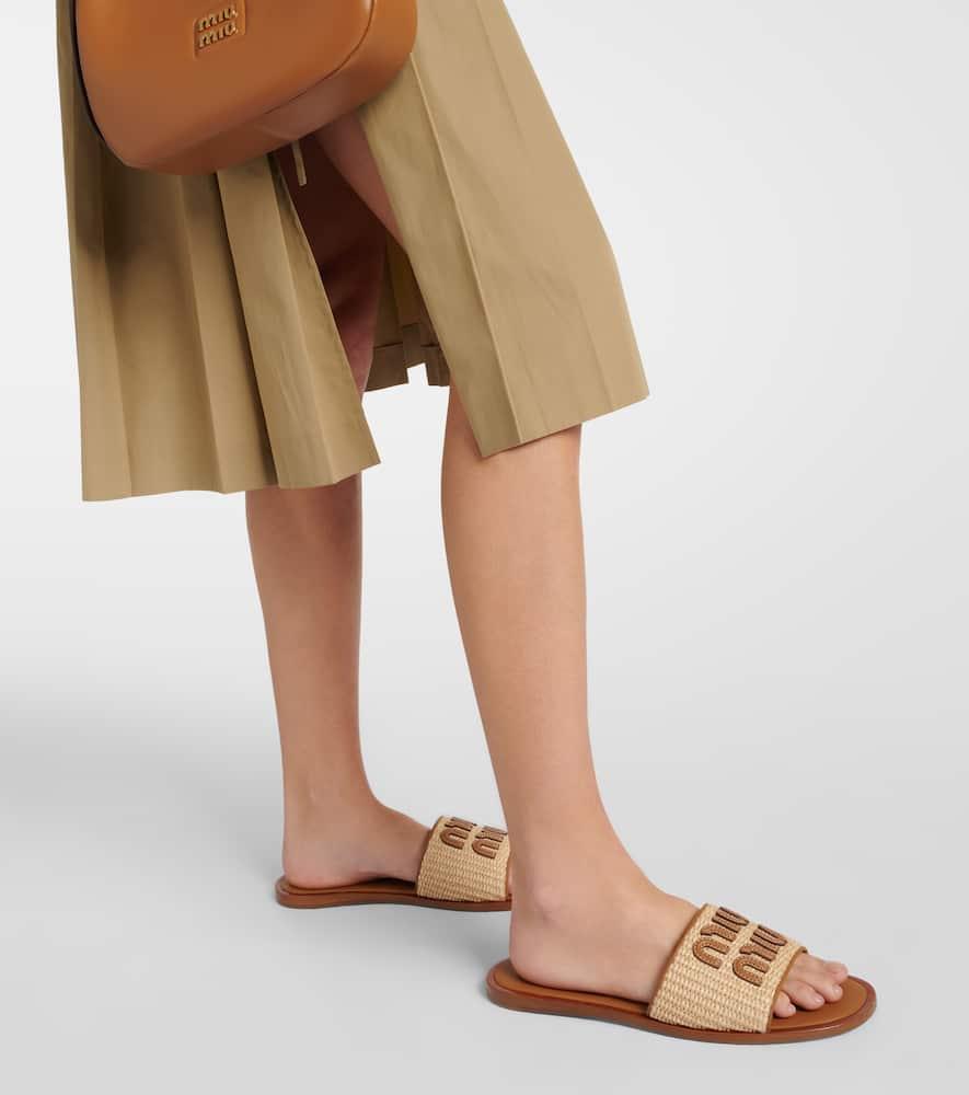 Miu Miu Canvas And Leather Logo Slides in Brown | Lyst