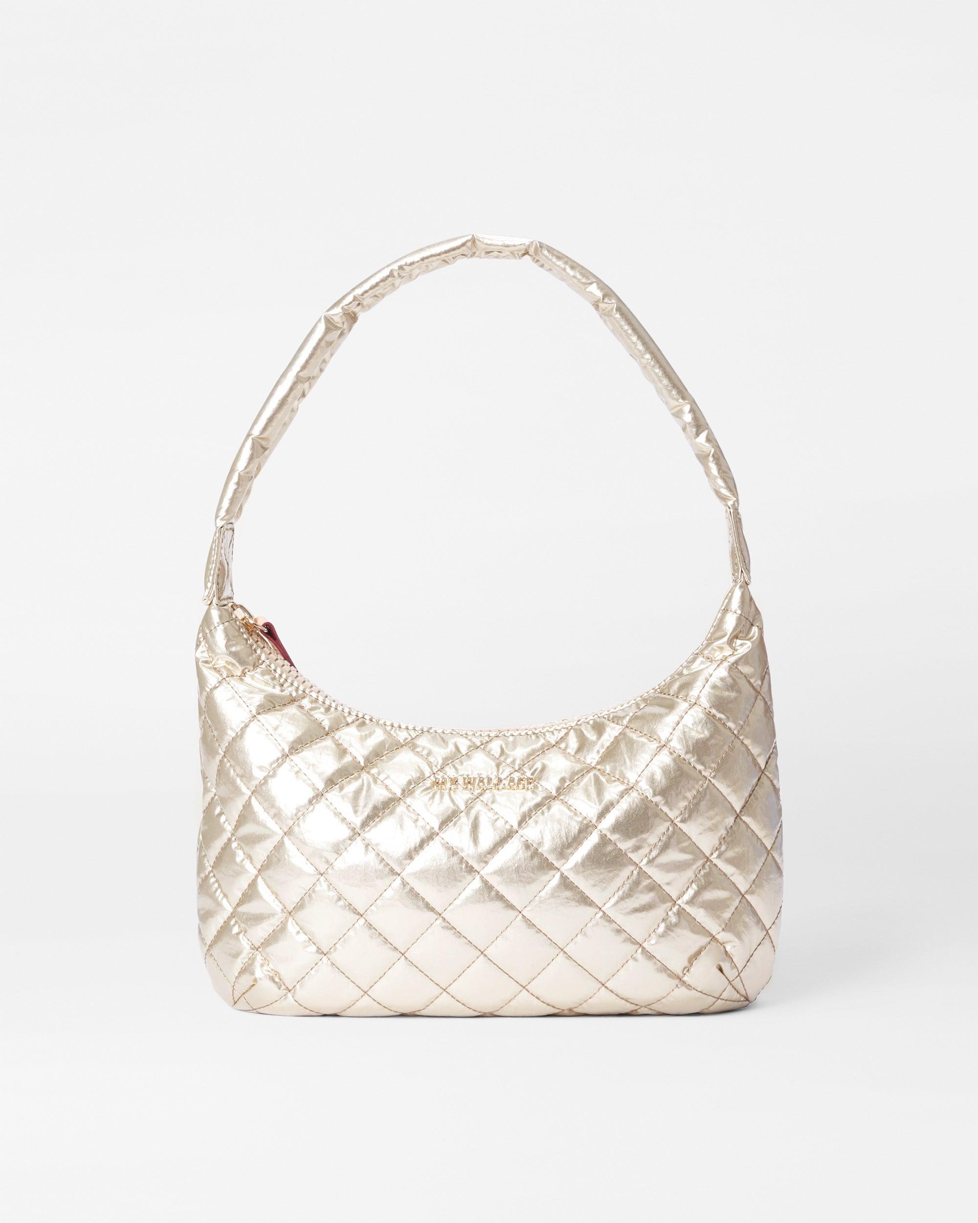 MZ Wallace Platinum Metallic Lacquer Metro Small Shoulder Bag in White