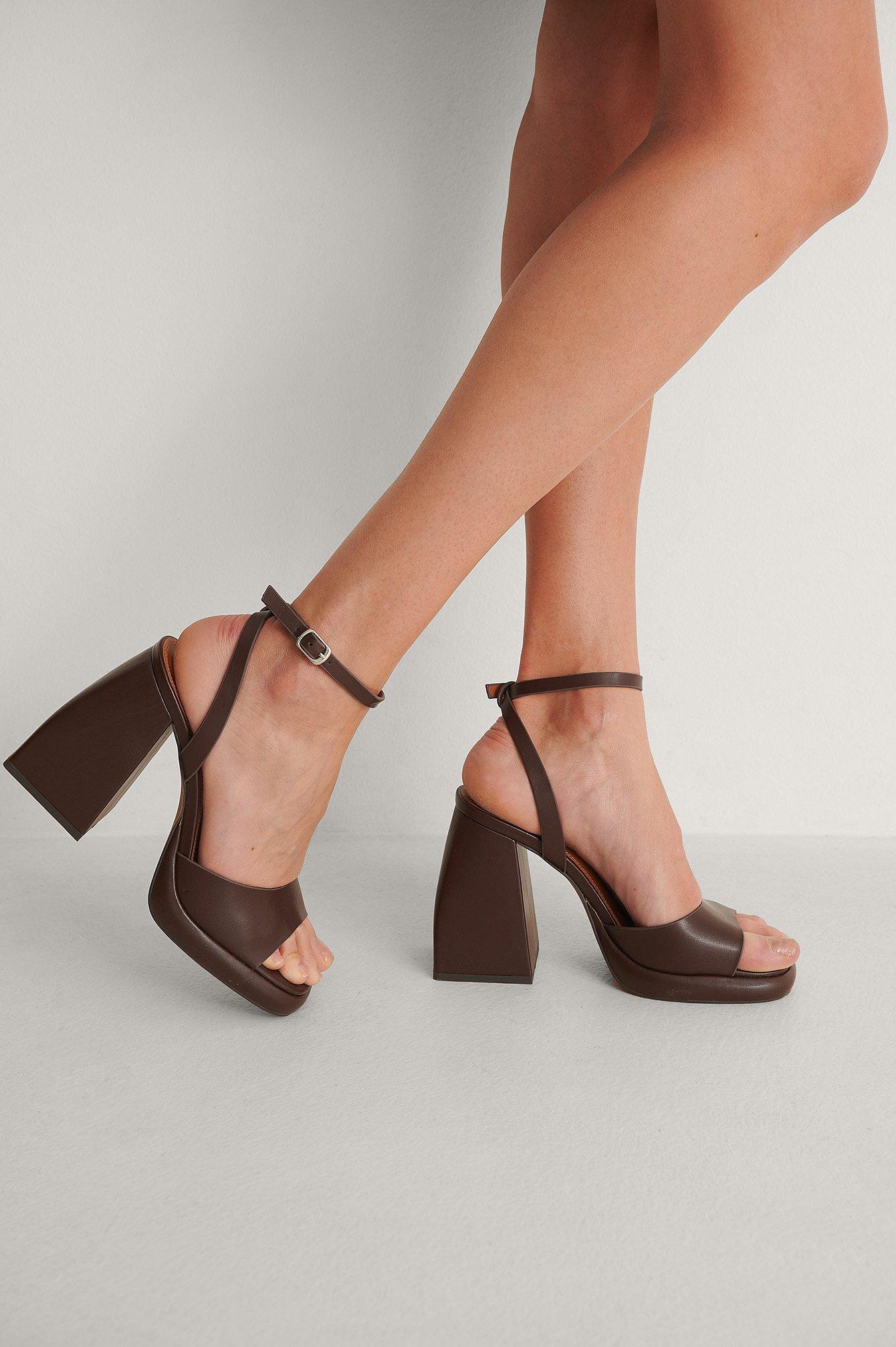 NA-KD Leather Brown Chubby Retro Heels 