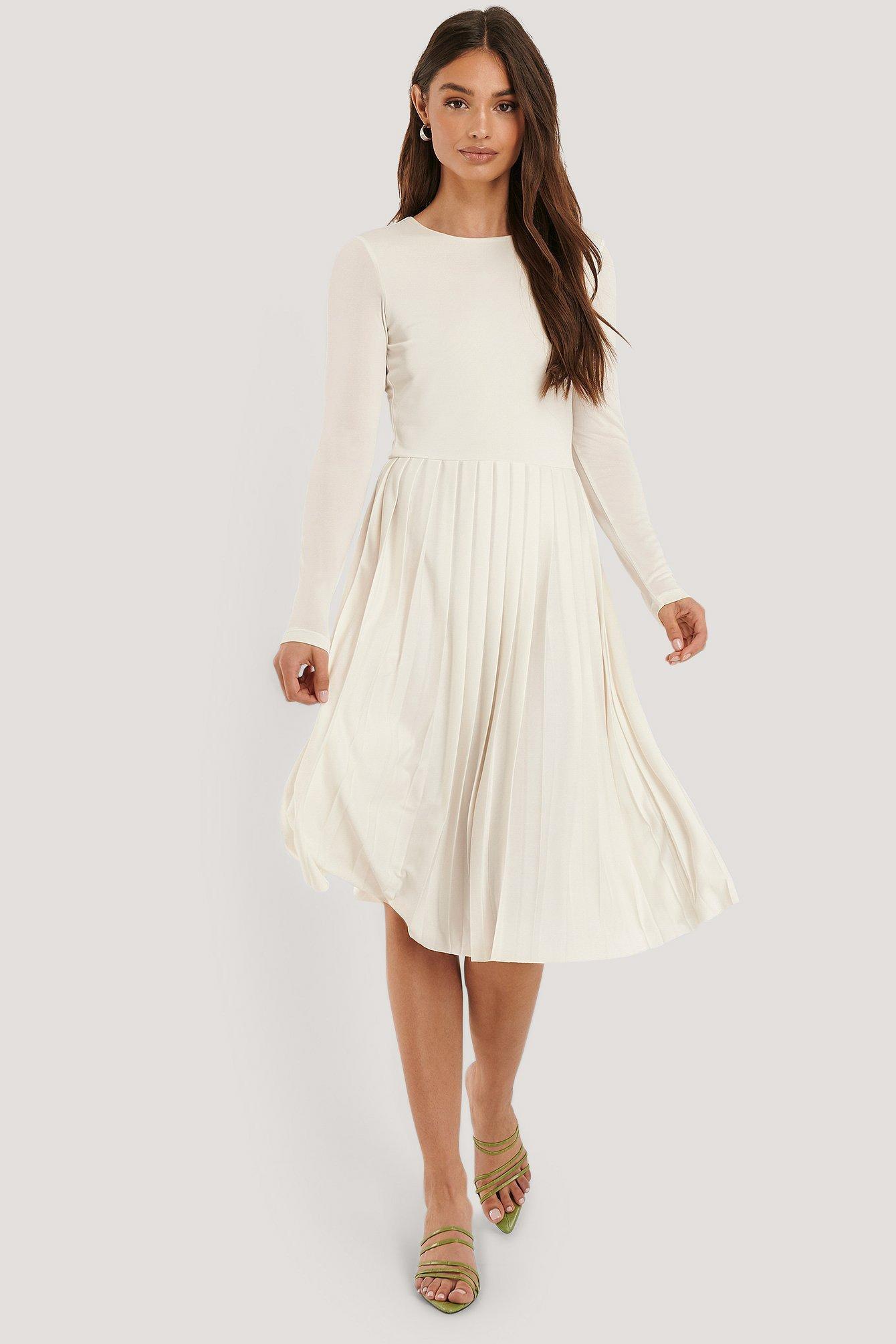 White Long Sleeve Pleated Dress ...