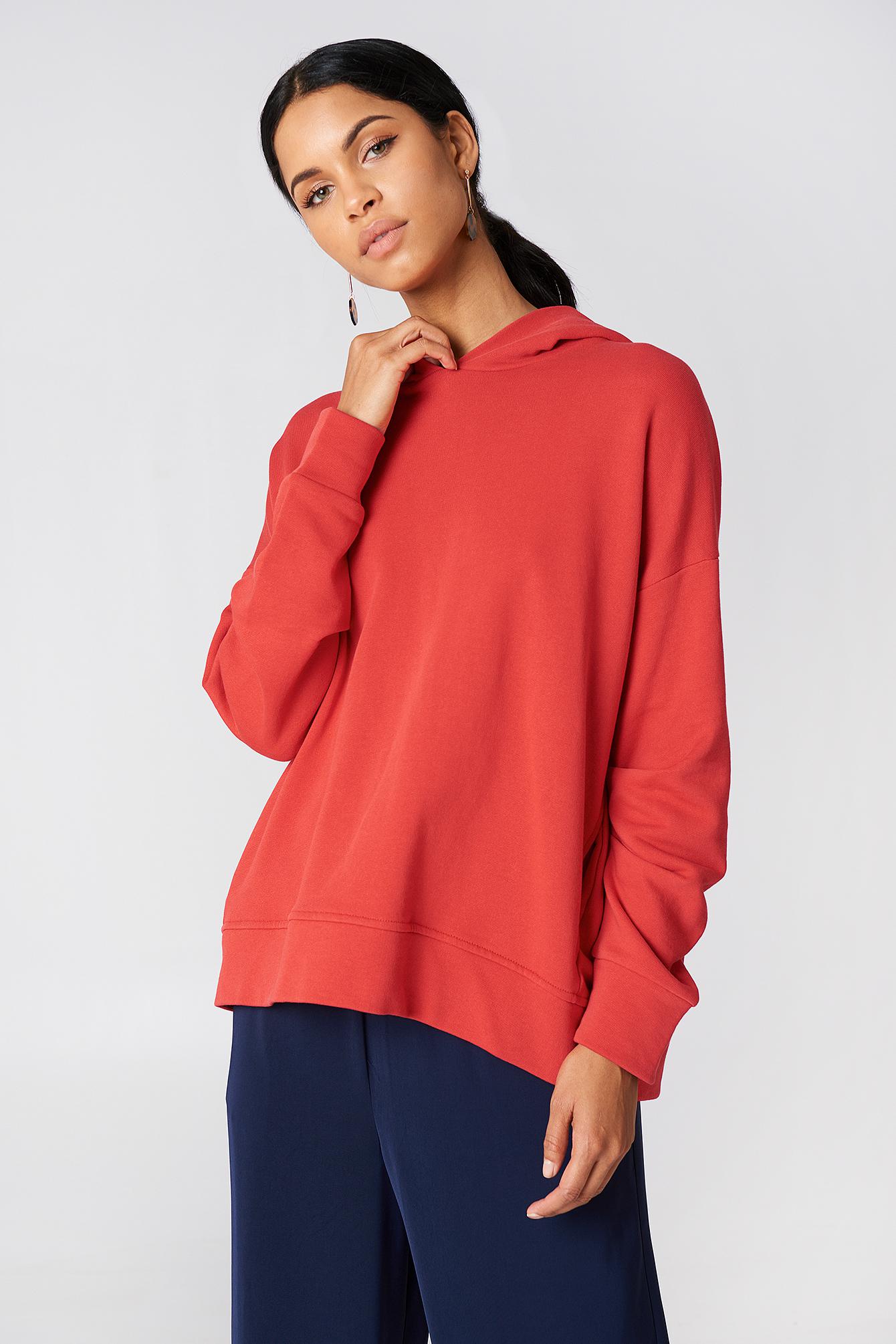 NA-KD Leather Gathered Sleeve Hoodie Red - Lyst