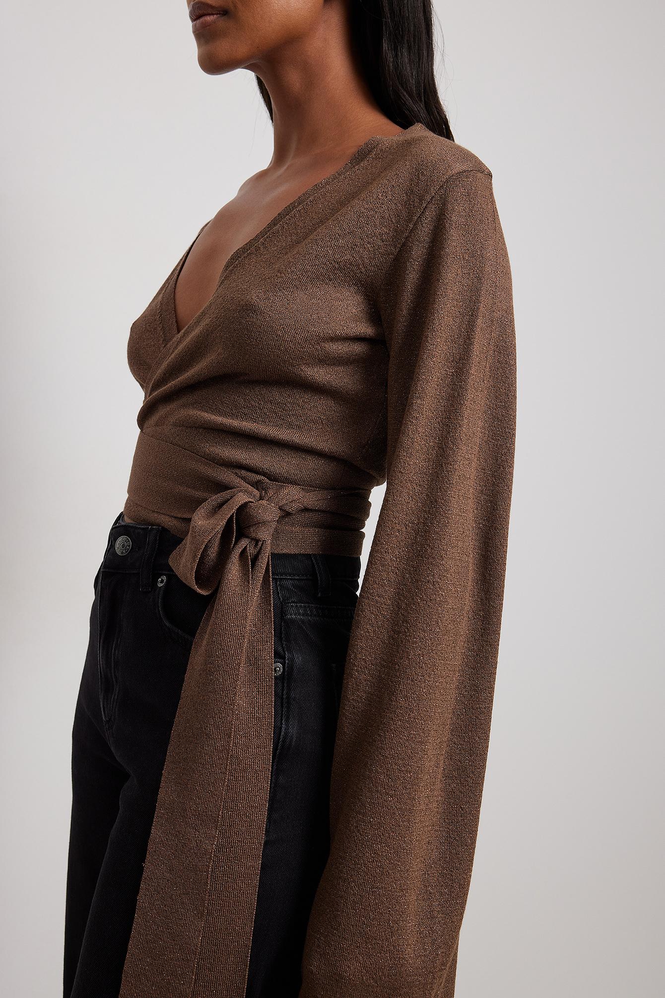 NA-KD Glitter Knitted Wrap Top in Brown | Lyst