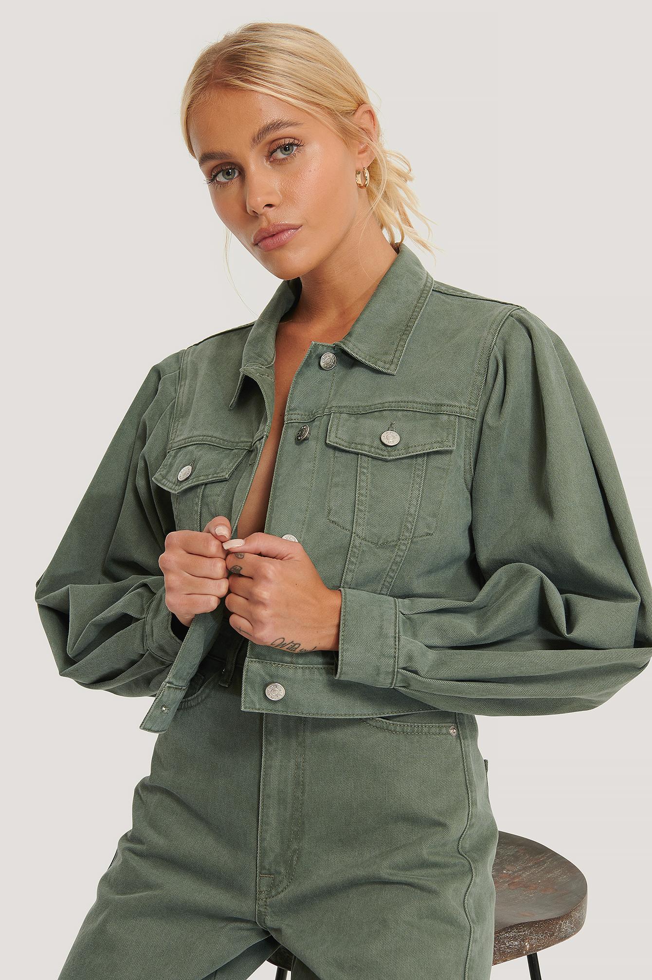 green cropped denim jacket