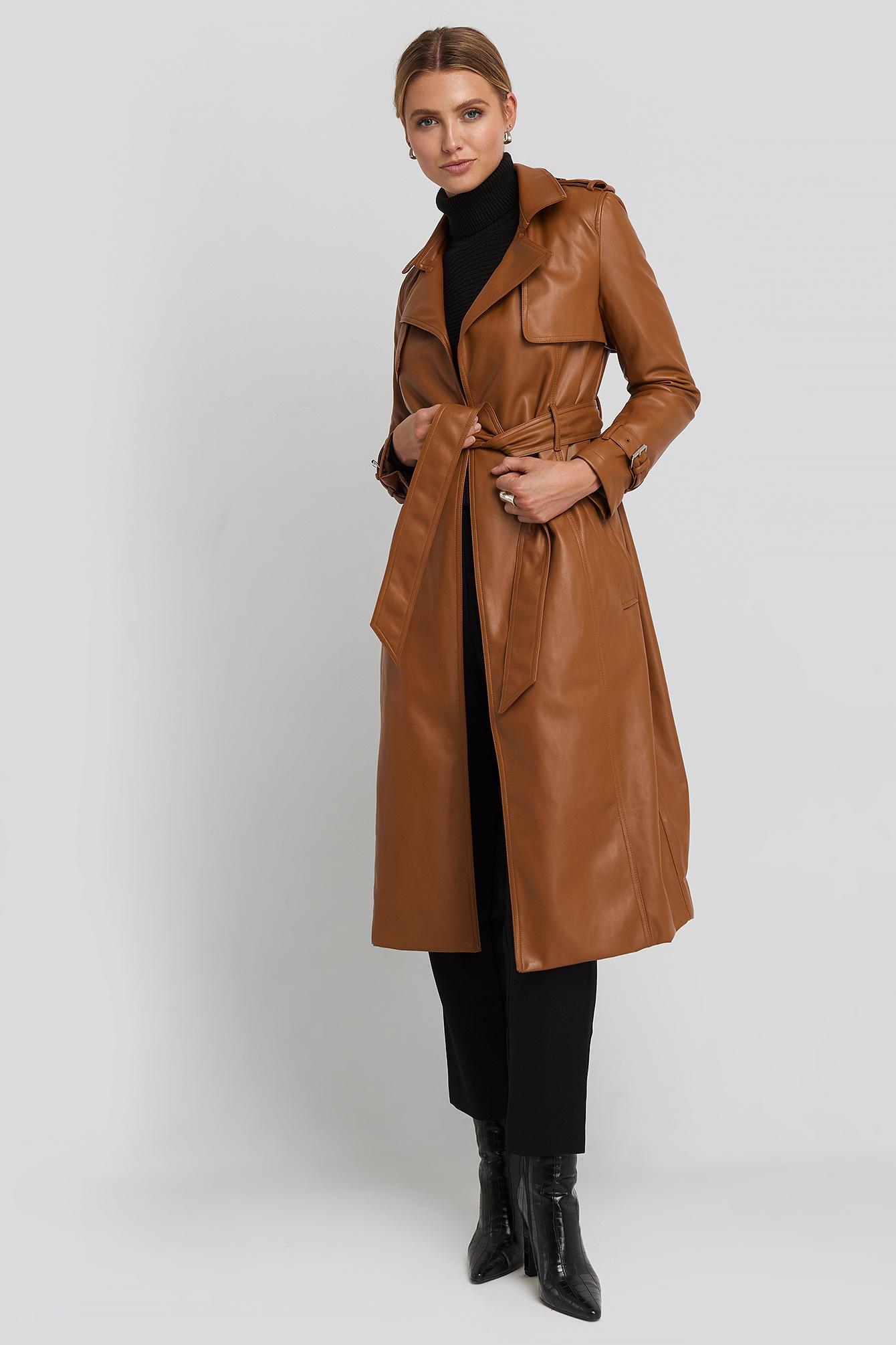 faux leather trench coat brown