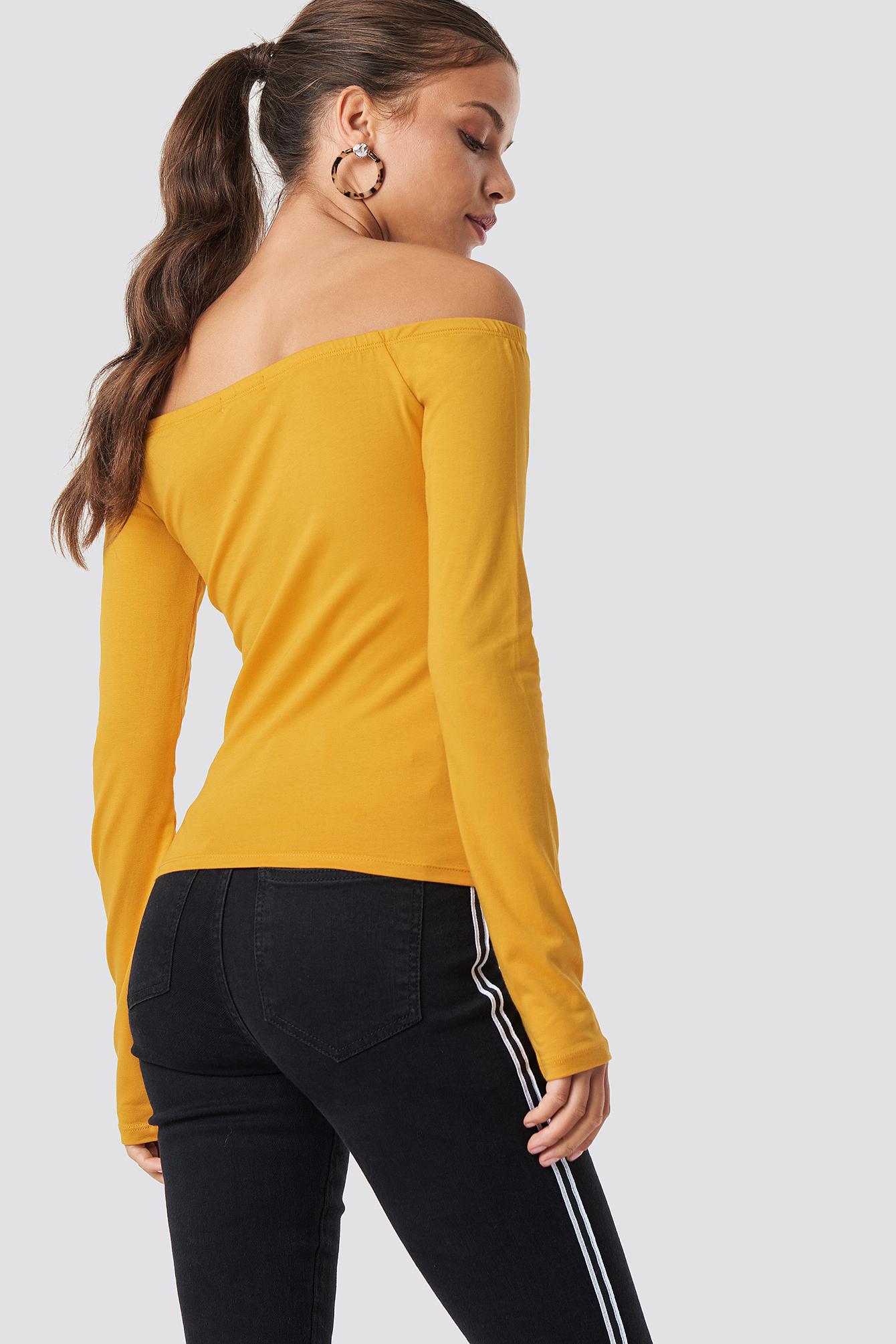 yellow long sleeve off the shoulder top