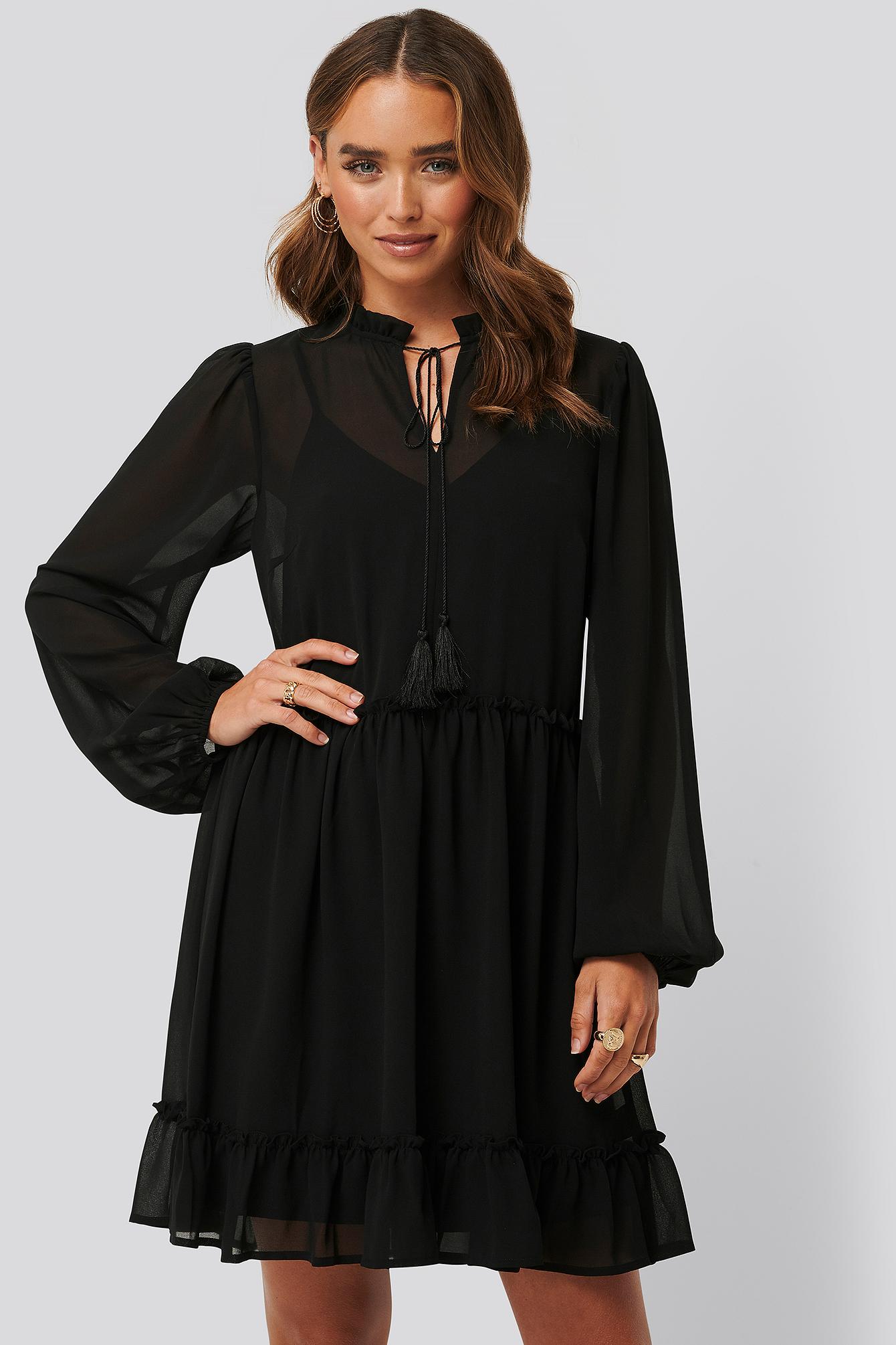 NA-KD Synthetic Black Long Sleeve Flowy Mini Dress - Lyst