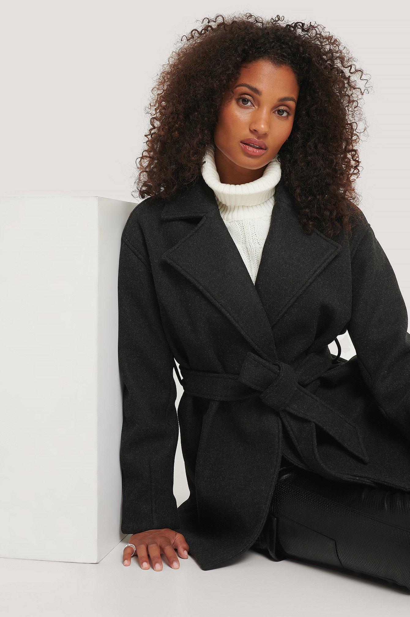 NA-KD Black Wool Blend Belted Short Coat | Lyst