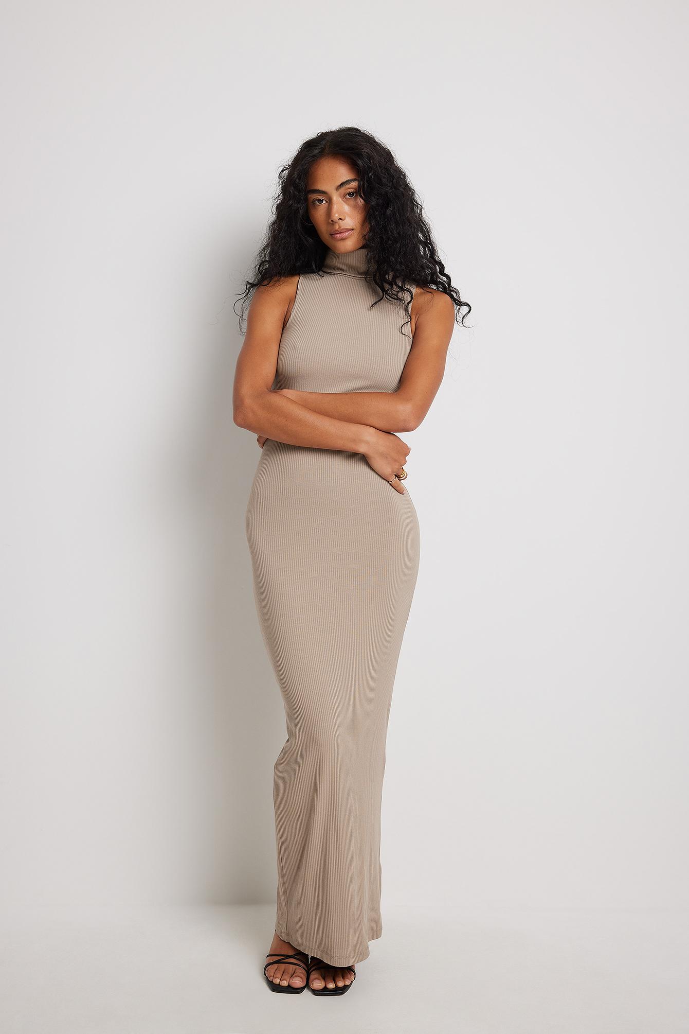 NA-KD Brown,beige High Neck Ribbed Maxi Dress in Gray | Lyst