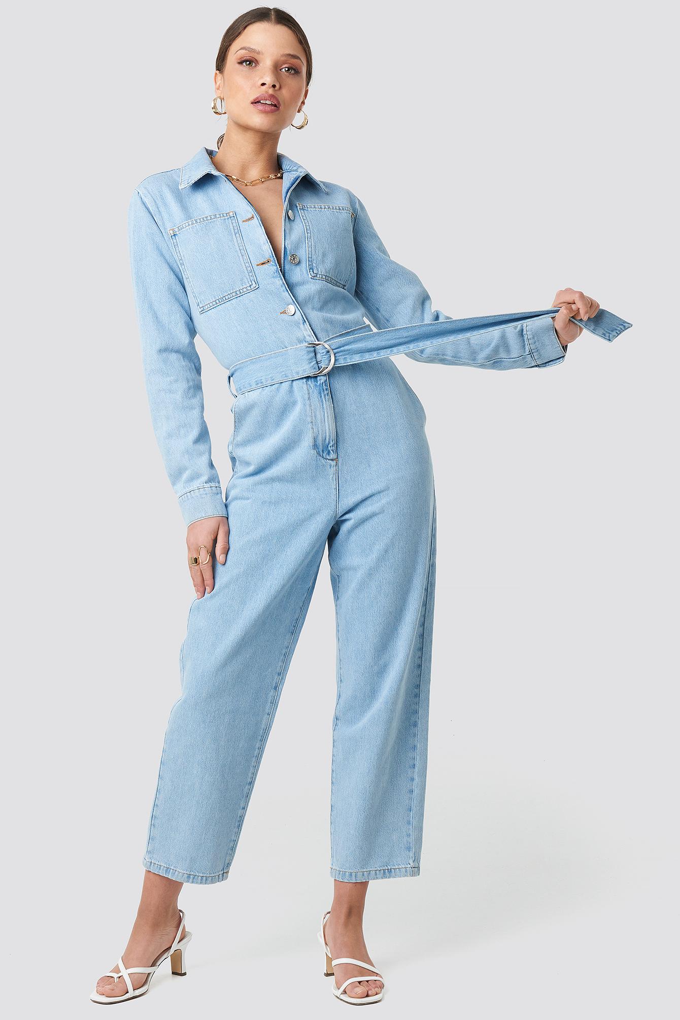 waist belt denim jumpsuit blue