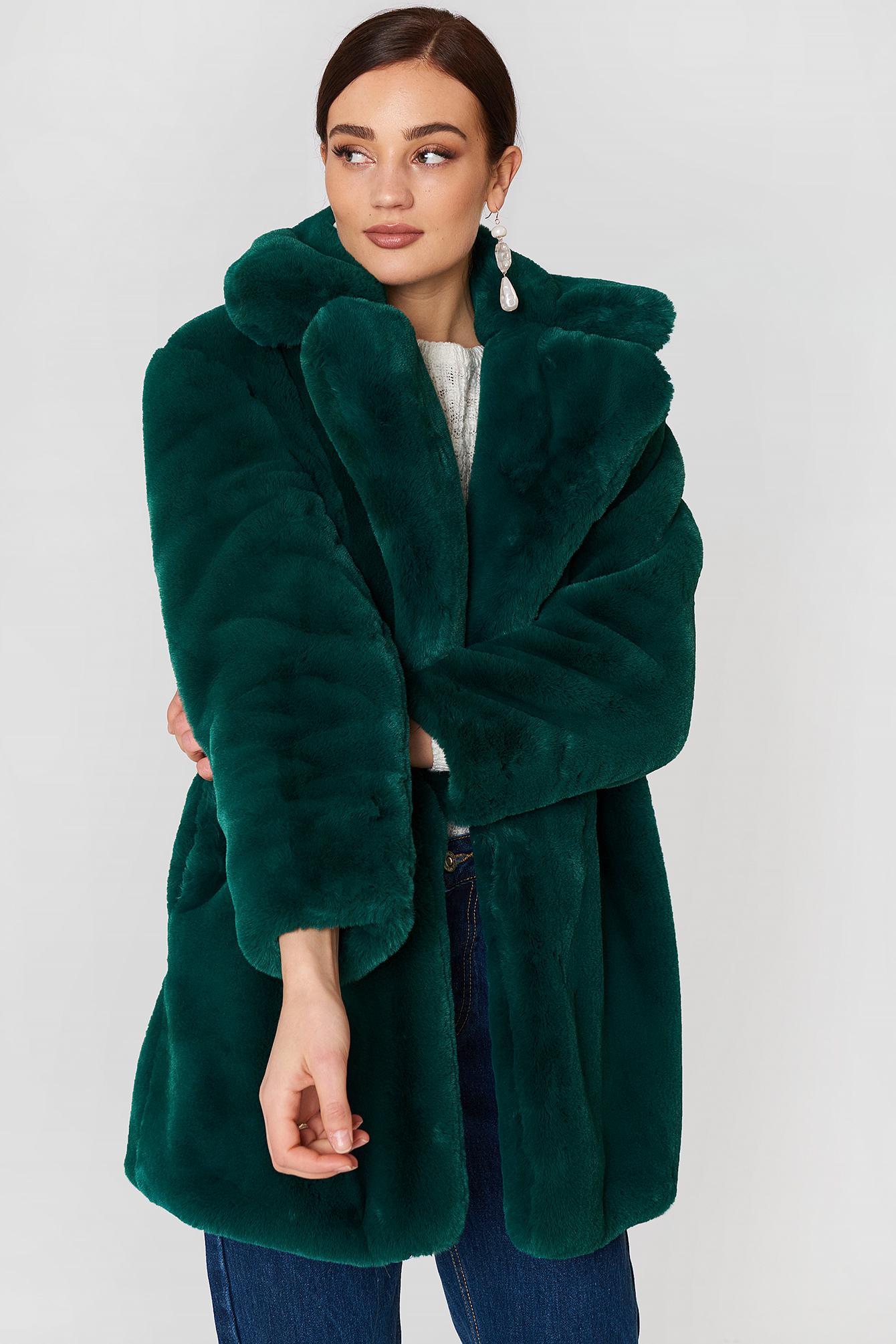 Mango Lapels Faux Fur Coat in Green | Lyst
