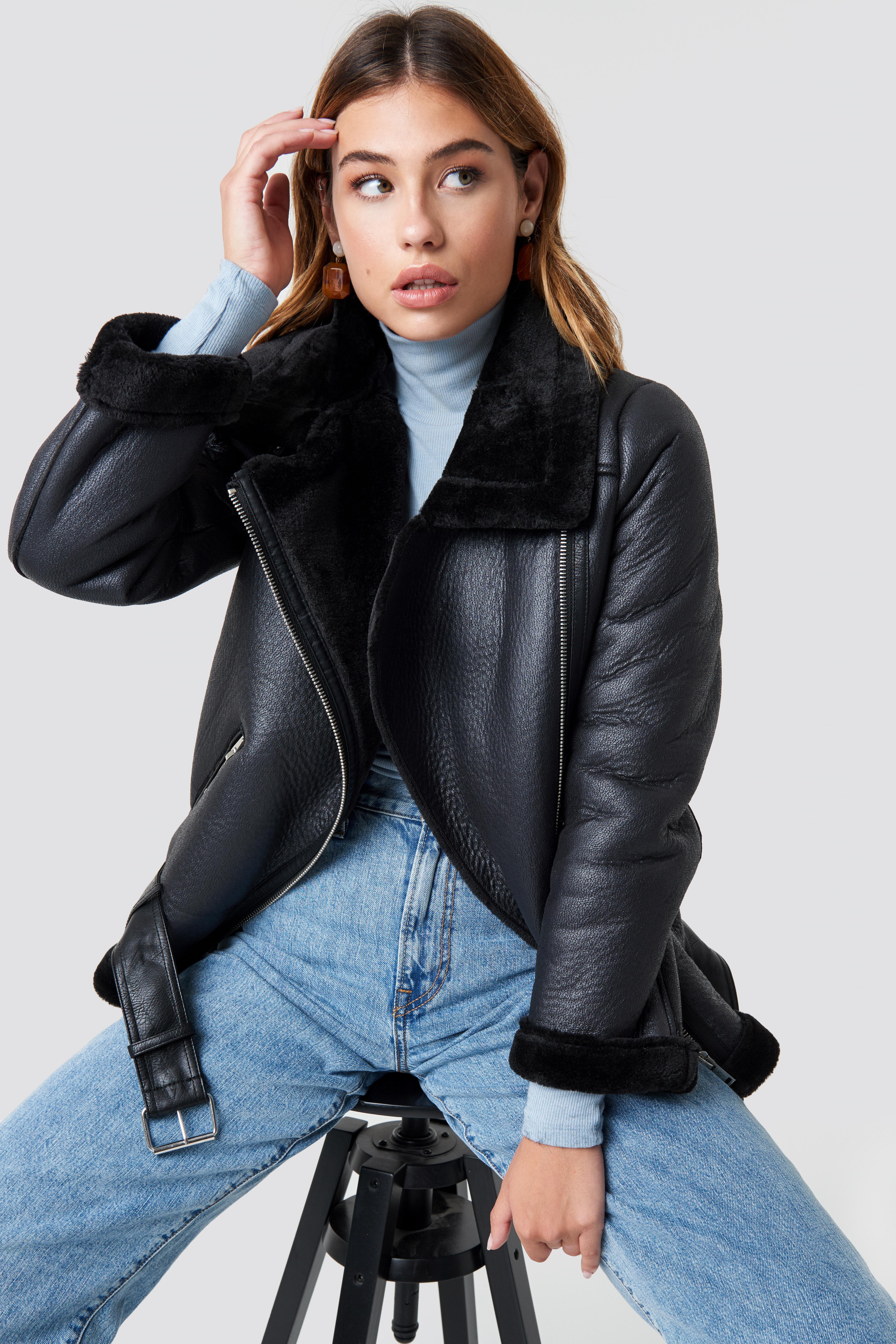 black cropped pu aviator jacket