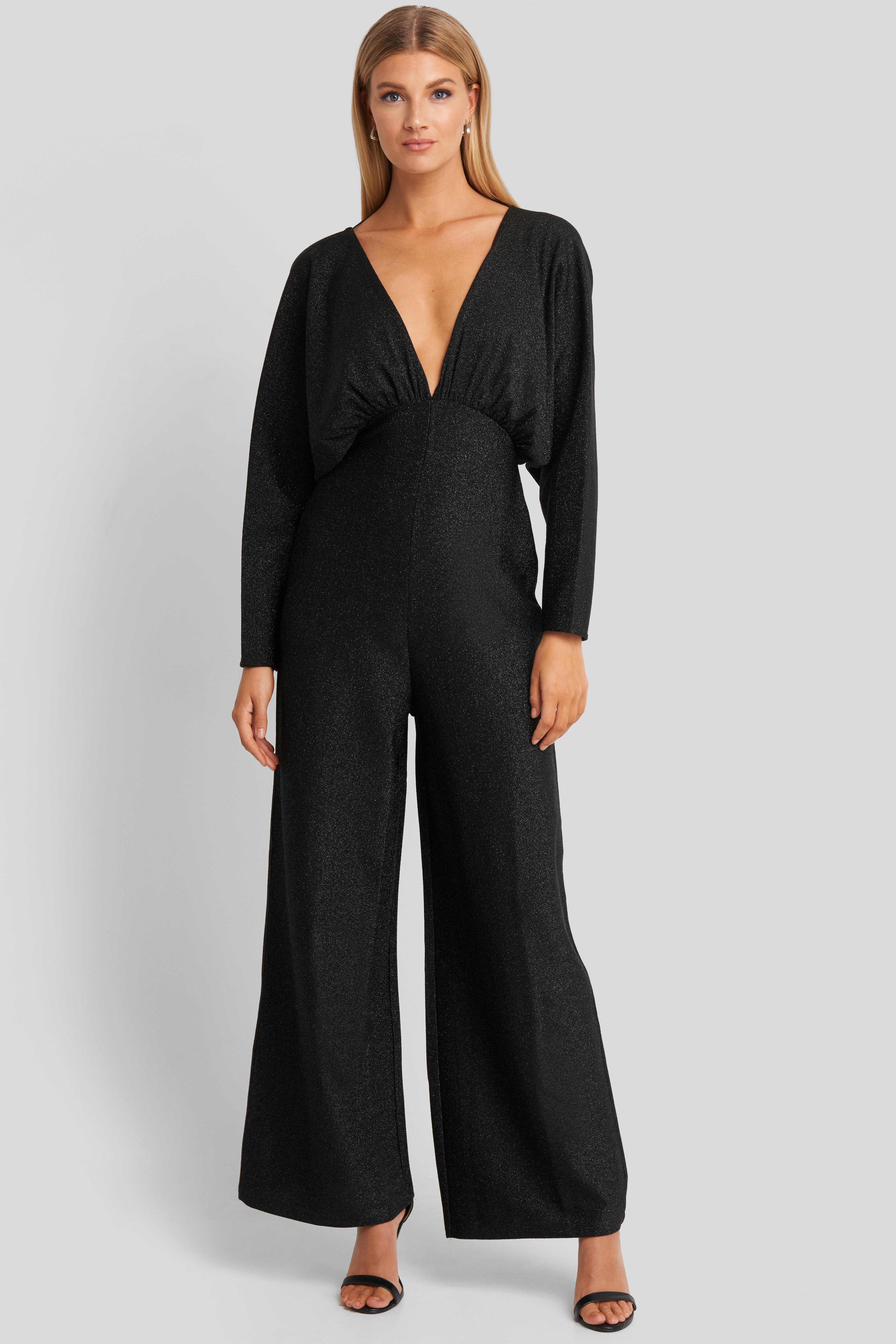 NA-KD Synthetic Black Deep V Neck 