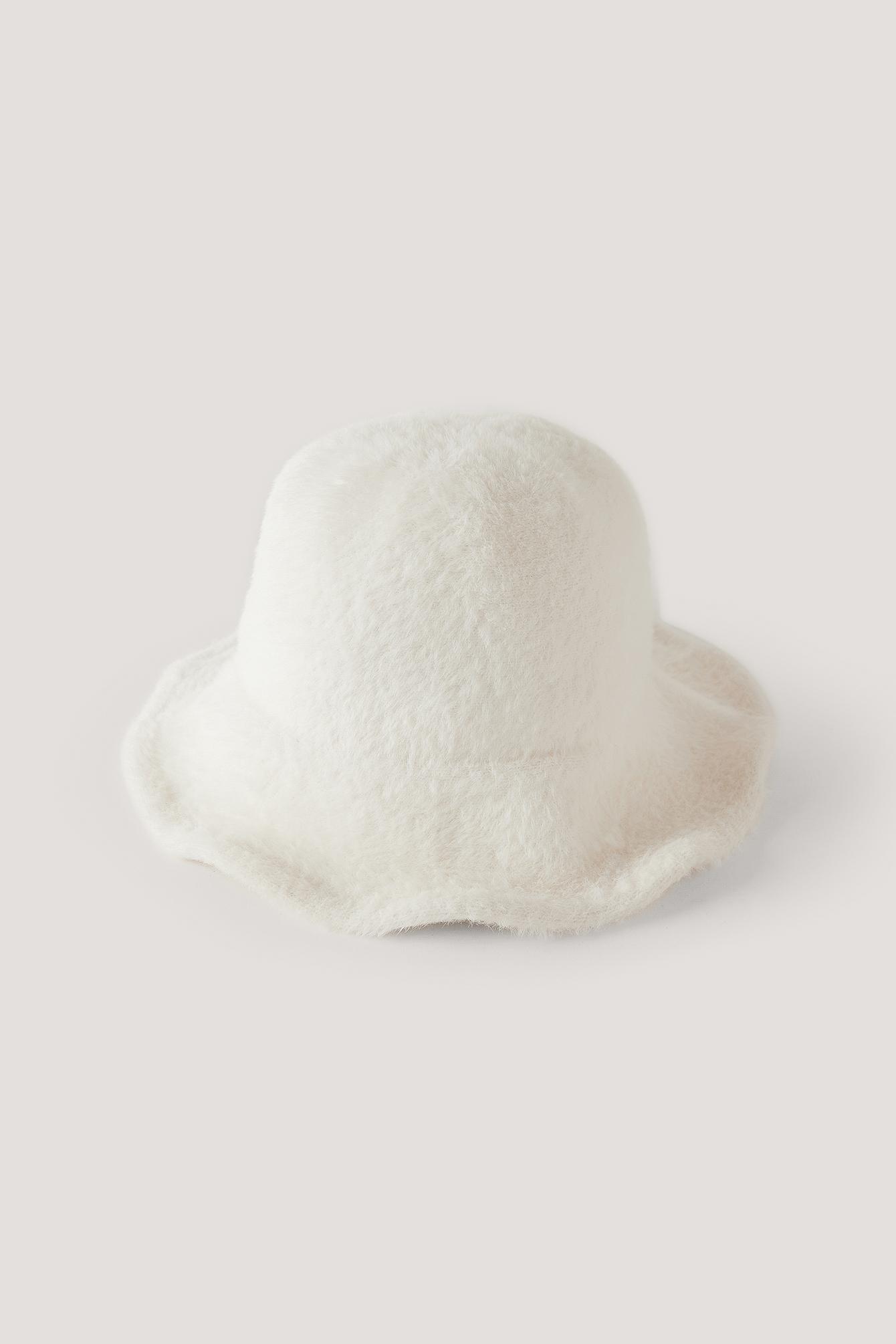 white fluffy bucket hat