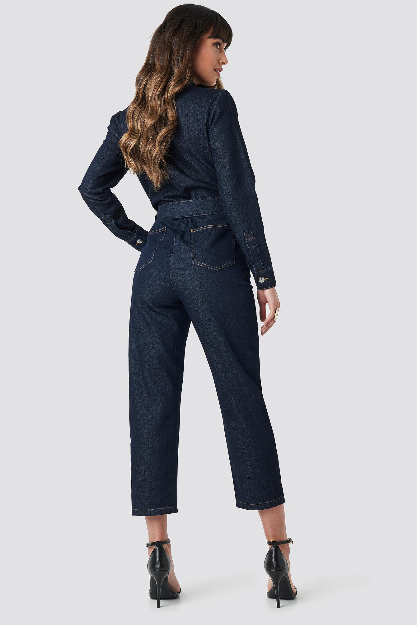waist belt denim jumpsuit blue