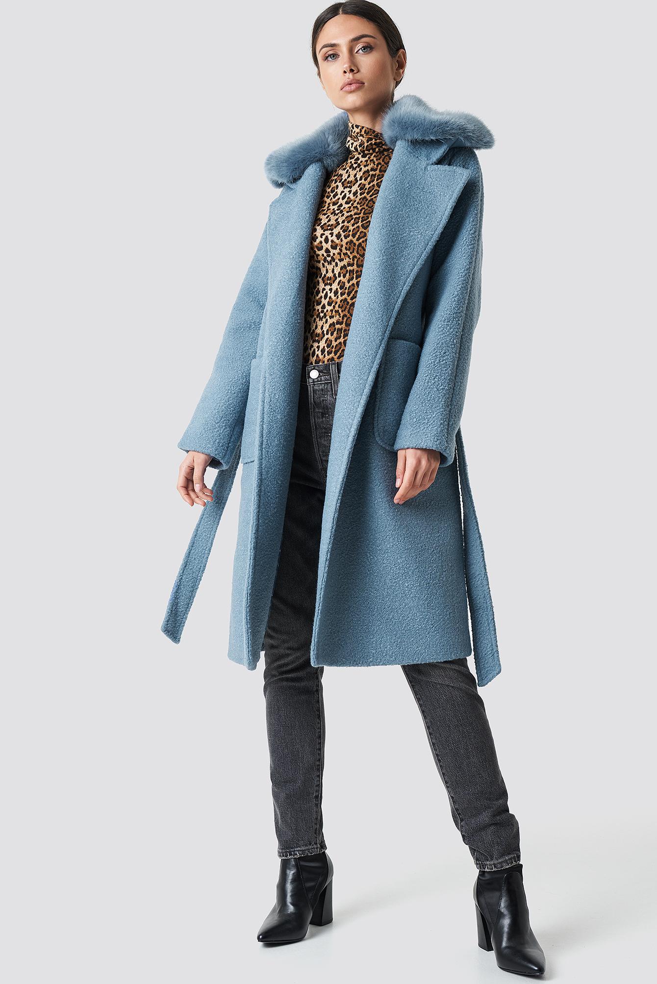 NA-KD Big Faux Fur Collar Coat Blue | Lyst