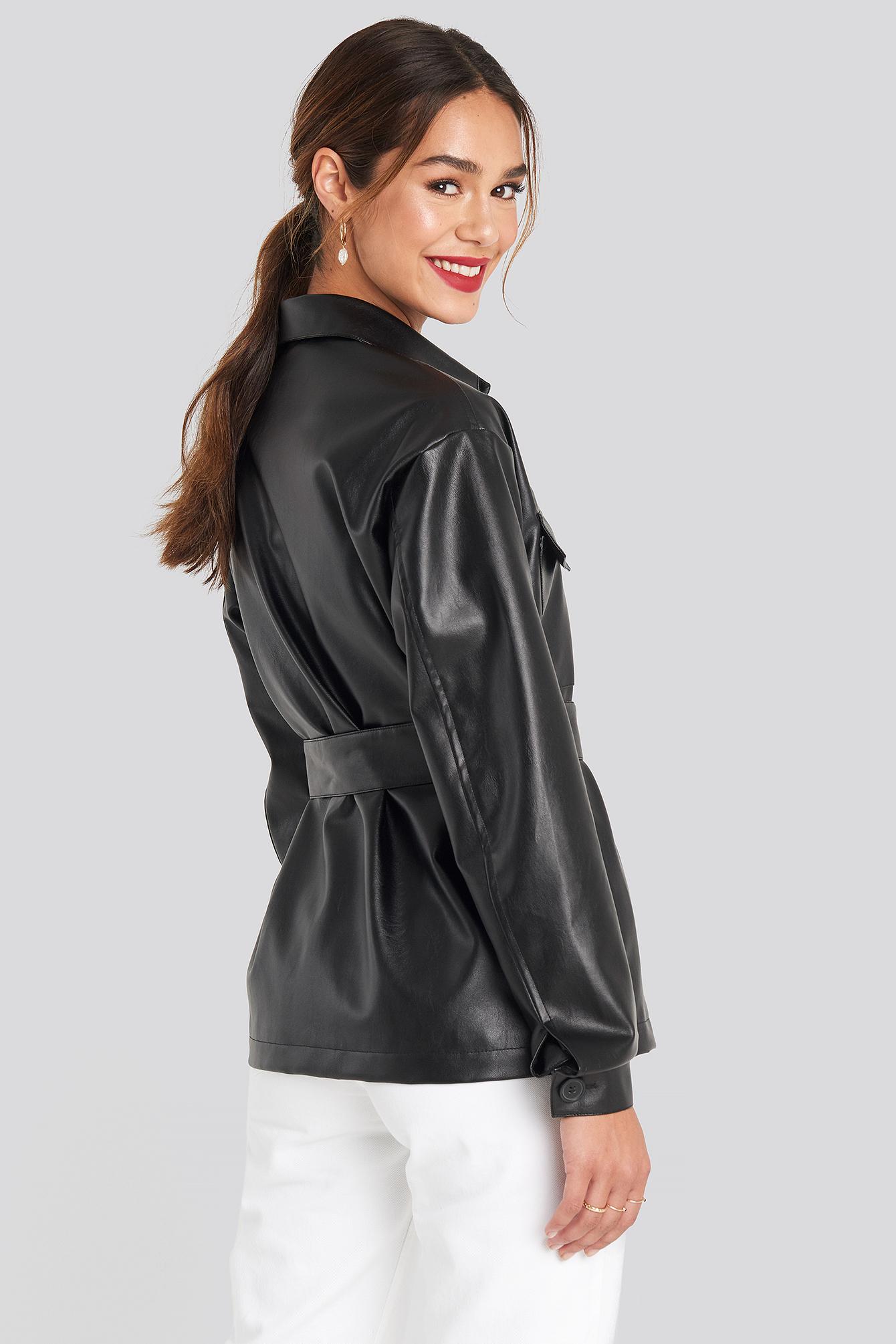 pu leather belted jacket