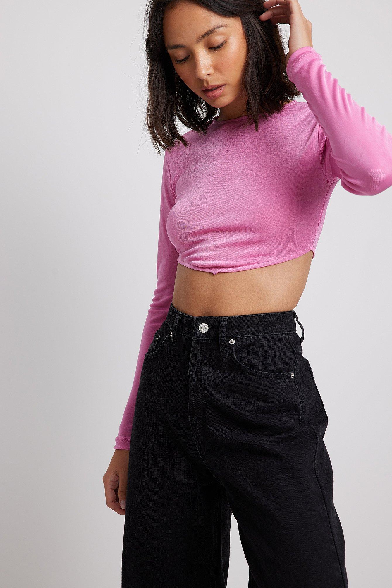 NA-KD Pink Shiny Round Neck Long Sleeve Top | Lyst