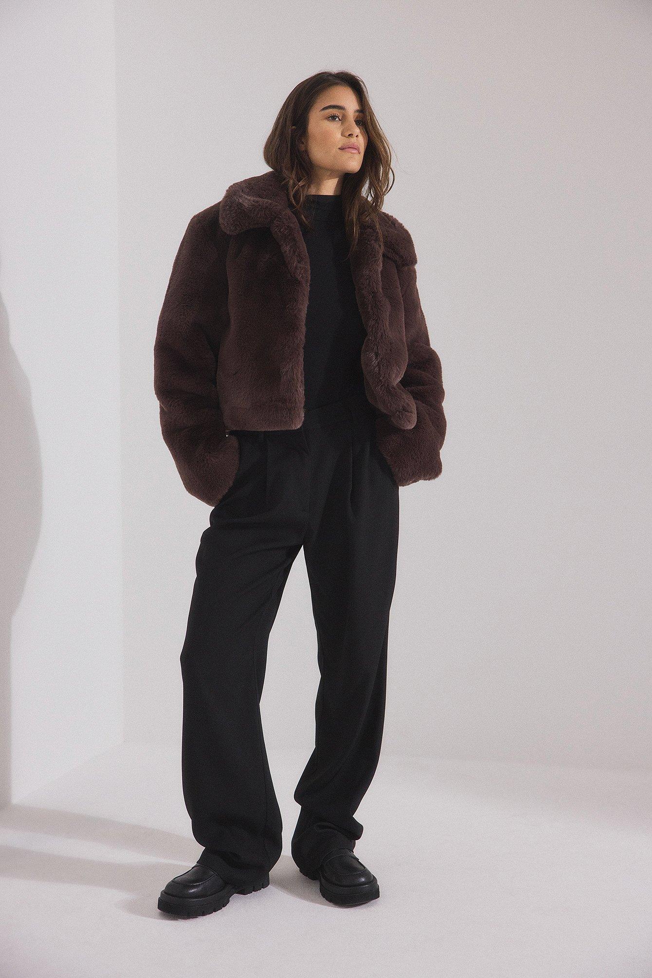 NA-KD Brown Cropped Faux Fur Jacket in Black | Lyst