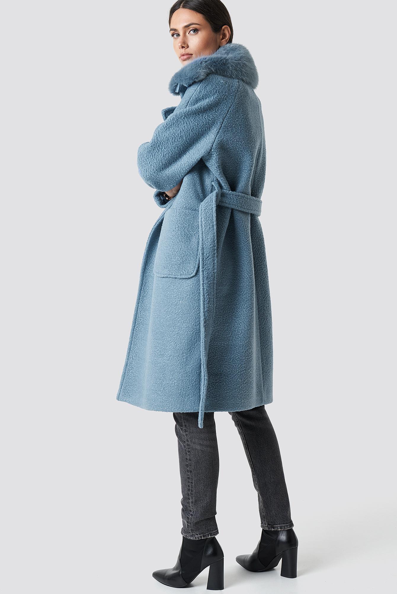 NA-KD Big Faux Fur Collar Coat Blue | Lyst