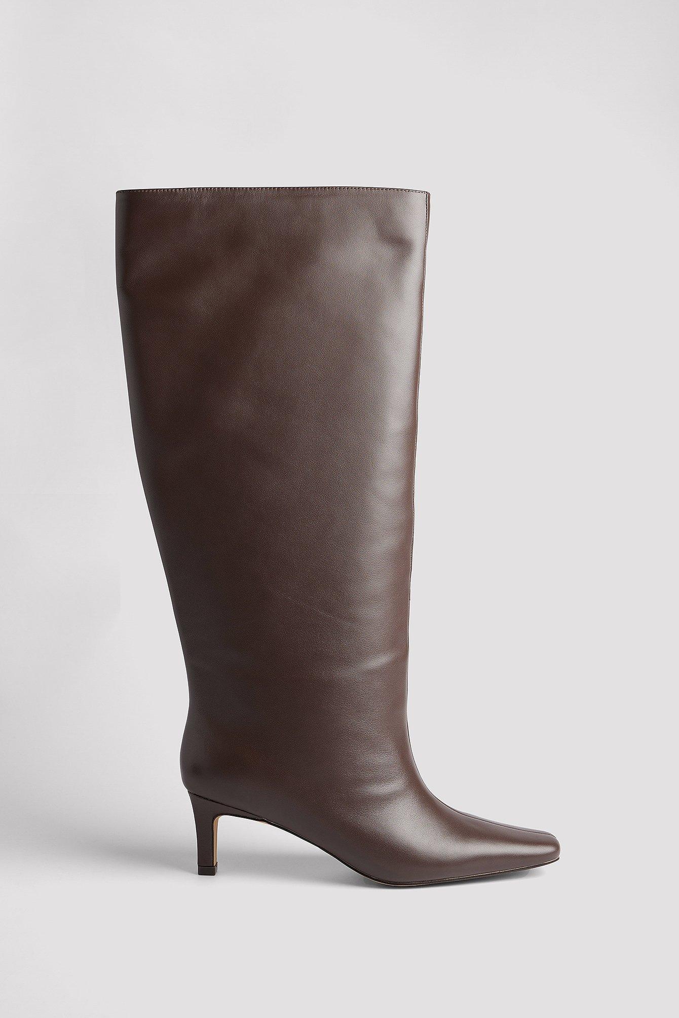 NA-KD Brown Leather Stiletto Wide Shaft Boots | Lyst
