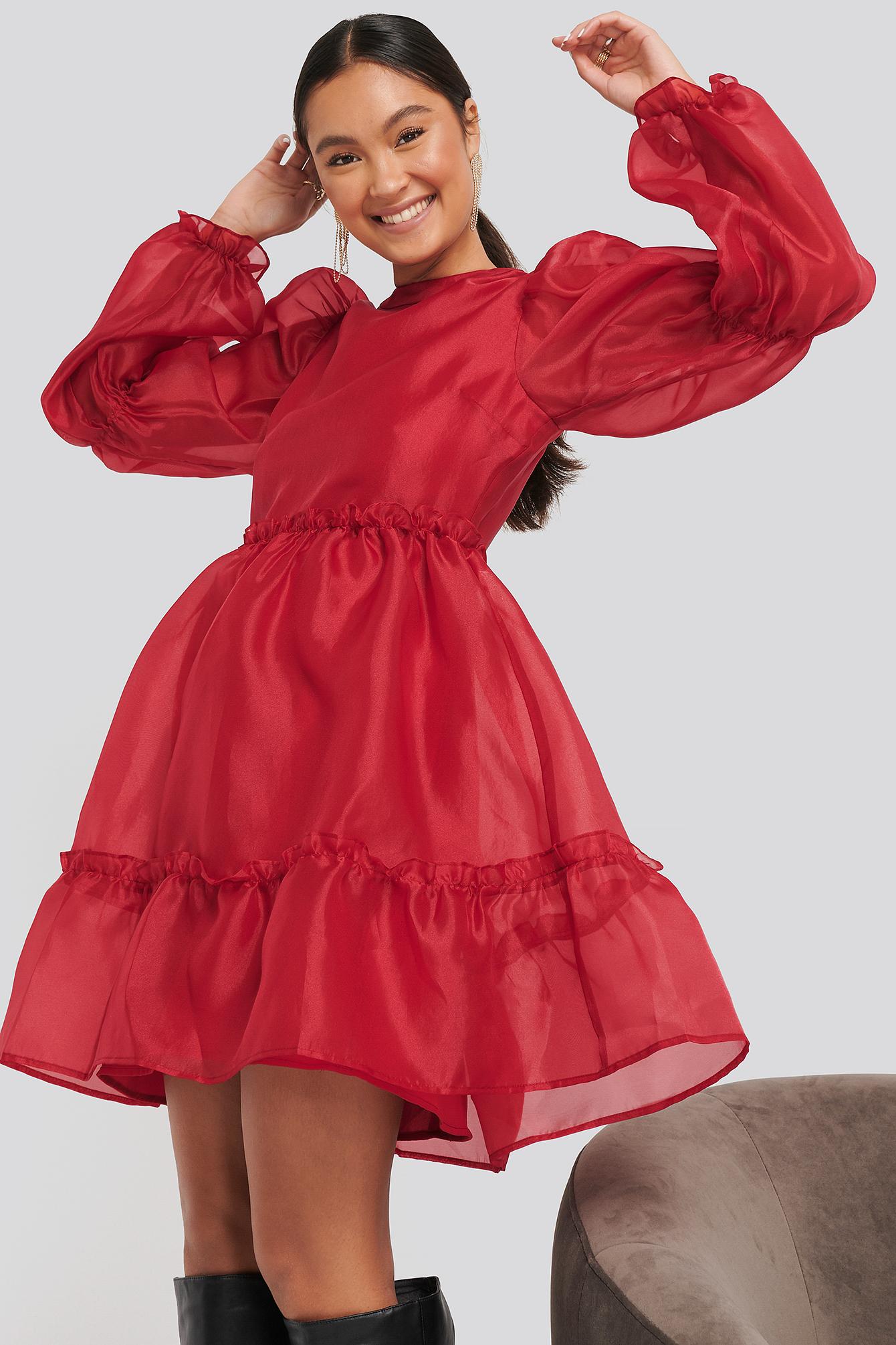 NA-KD Synthetic Red Organza Puff Sleeve ...