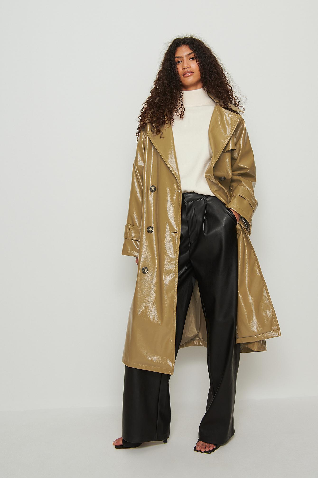 NA-KD Green Shiny Pu Belted Trench Coat | Lyst UK