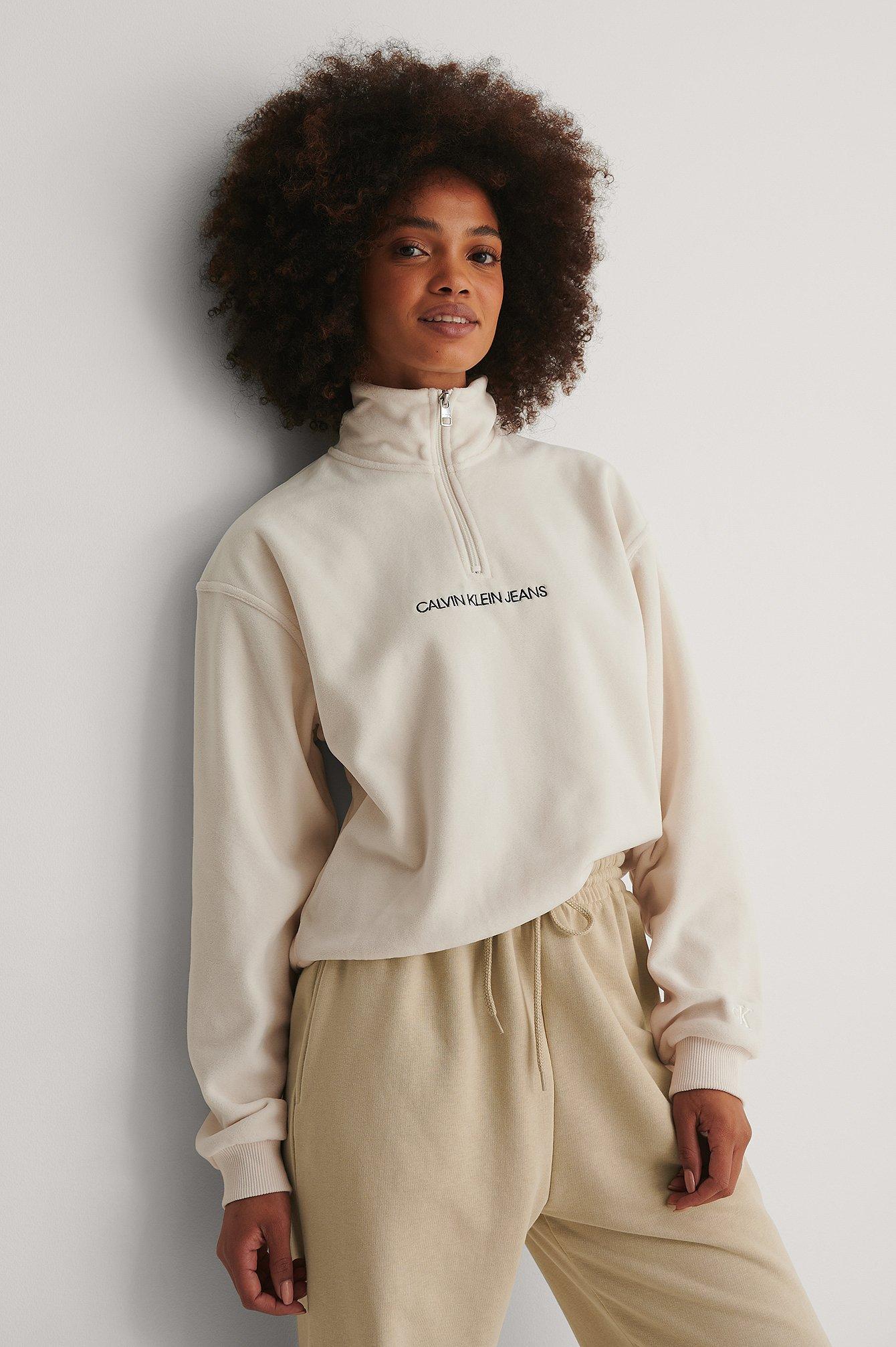 Calvin Klein Synthetic Beige Polar Fleece Half Zip Sweater in White Sand  (White) | Lyst