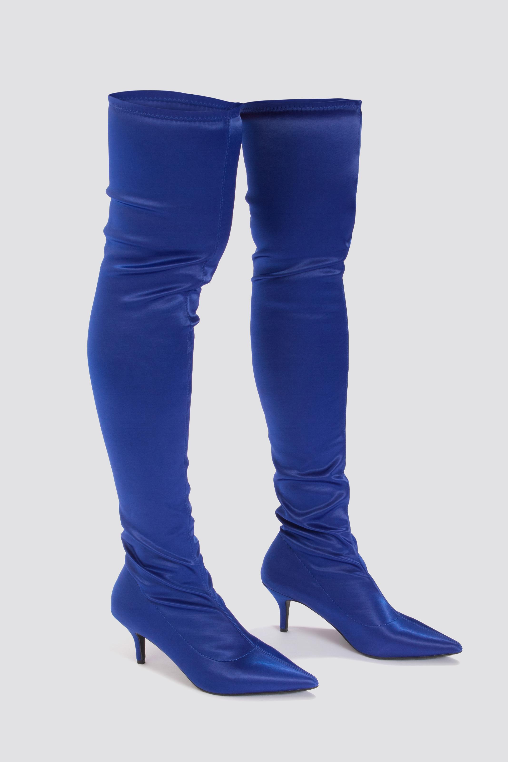 NAKD Knee High Satin Sock Boot Blue Lyst