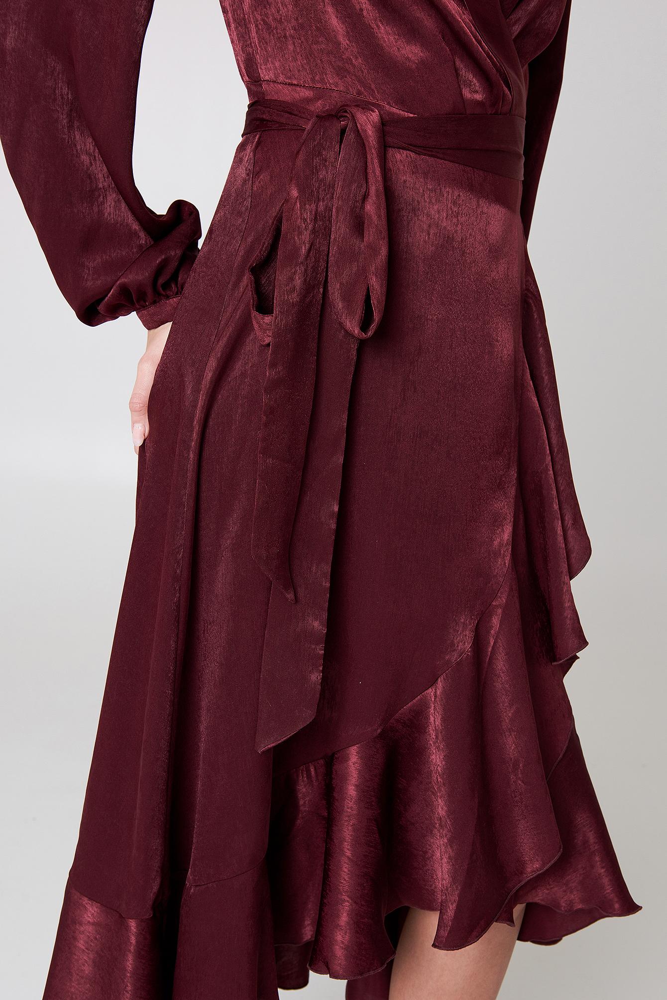 wrap over satin frill dress