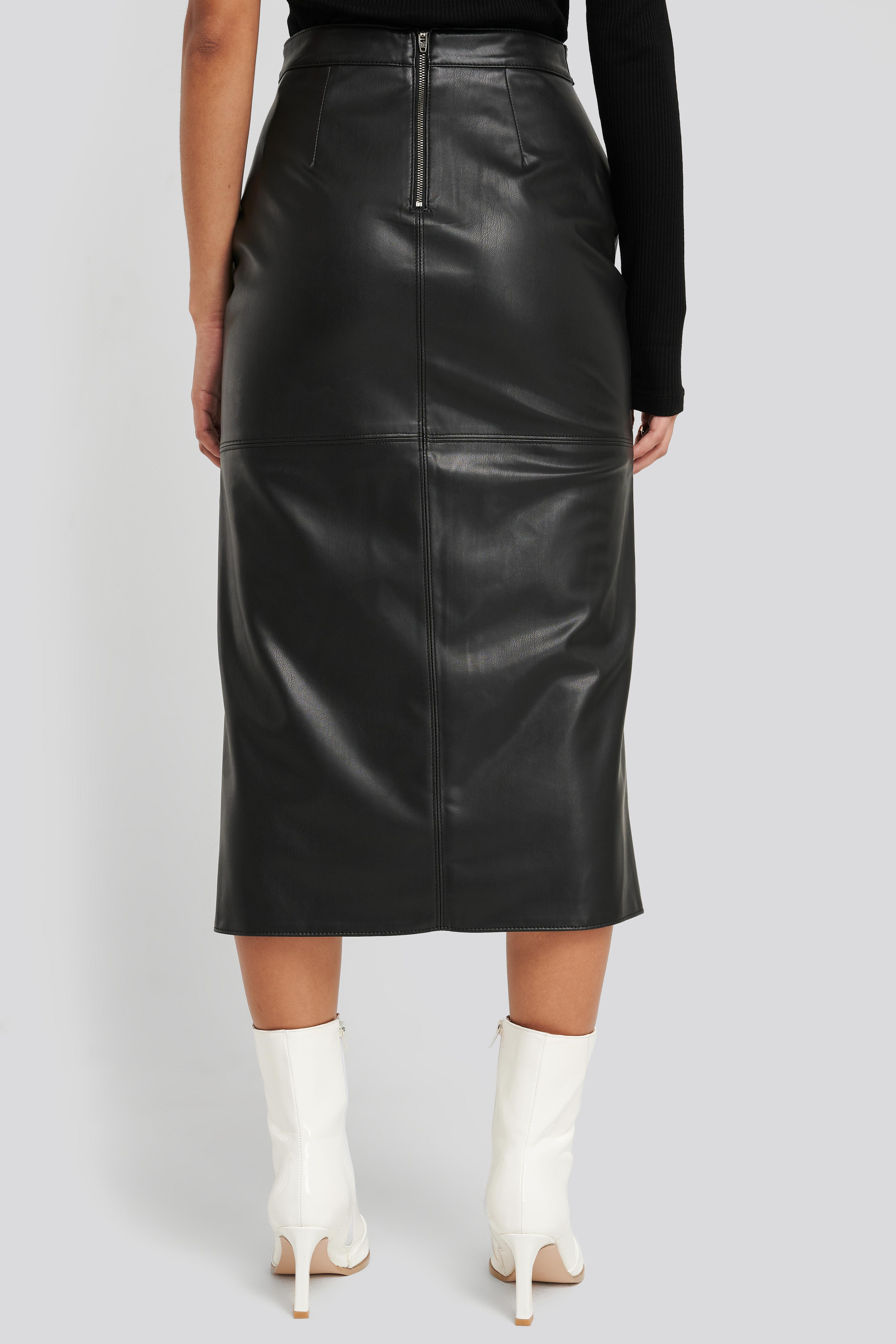 NA-KD Black Faux Leather Side Slit Skirt - Lyst