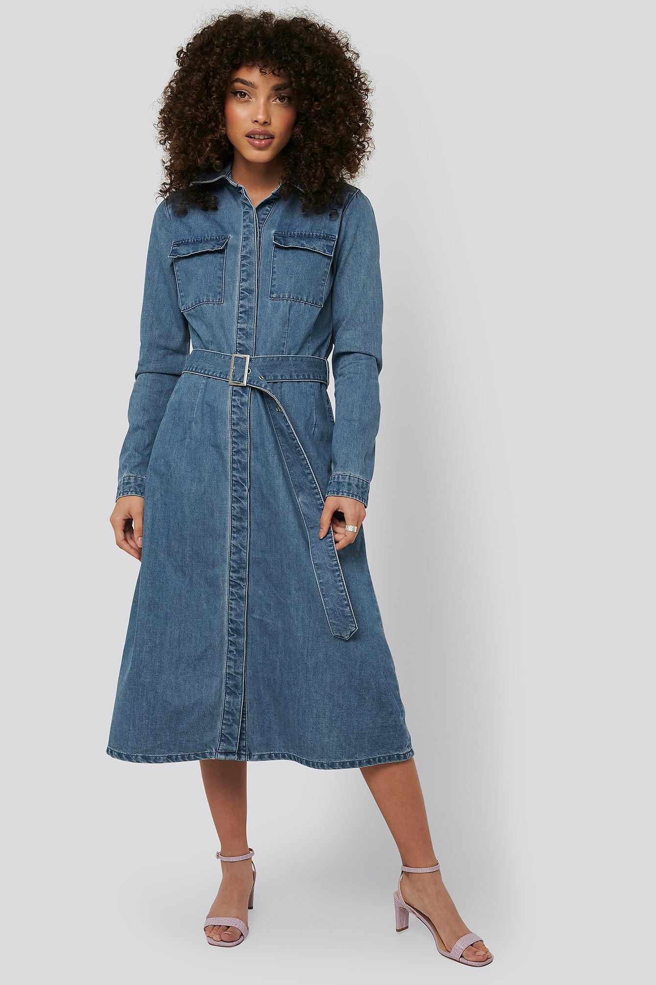 blue belted midi denim dress