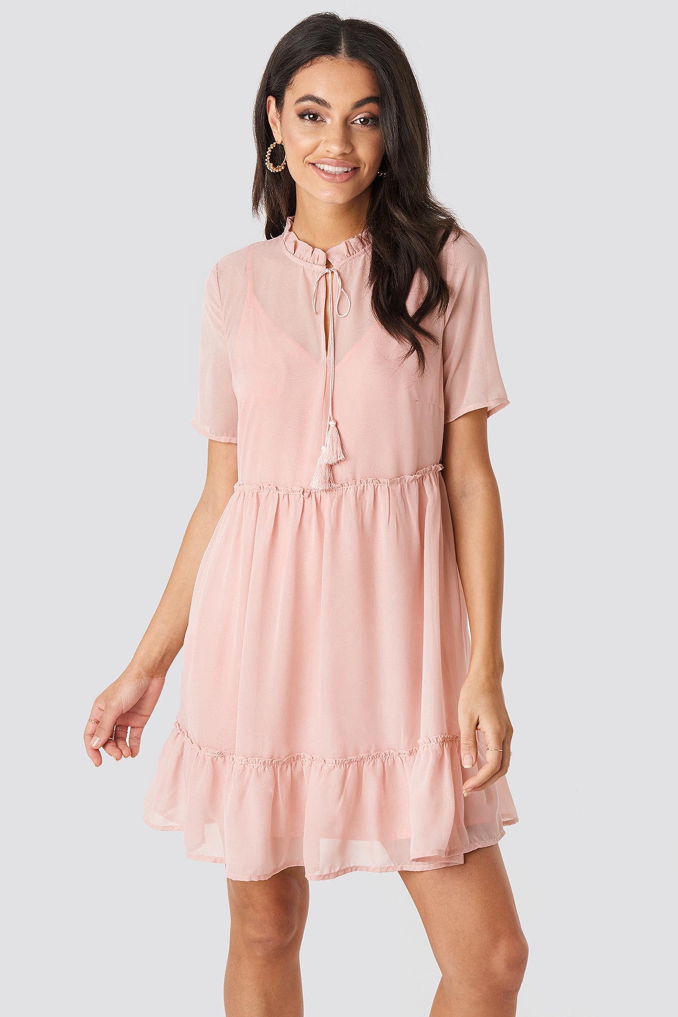 pink flowy dress with sleeves