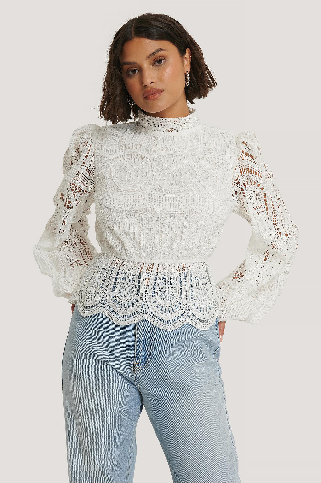 NA-KD White Balloon Sleeve High Neck Lace Blouse | Lyst