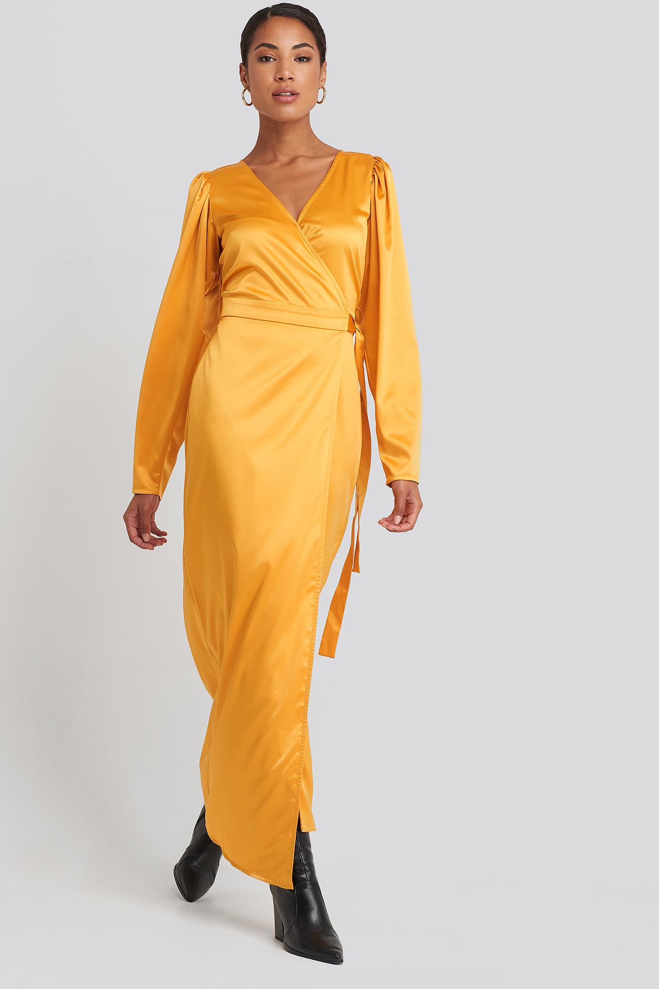 Yellow Puff Sleeve Wrap Maxi Dress ...